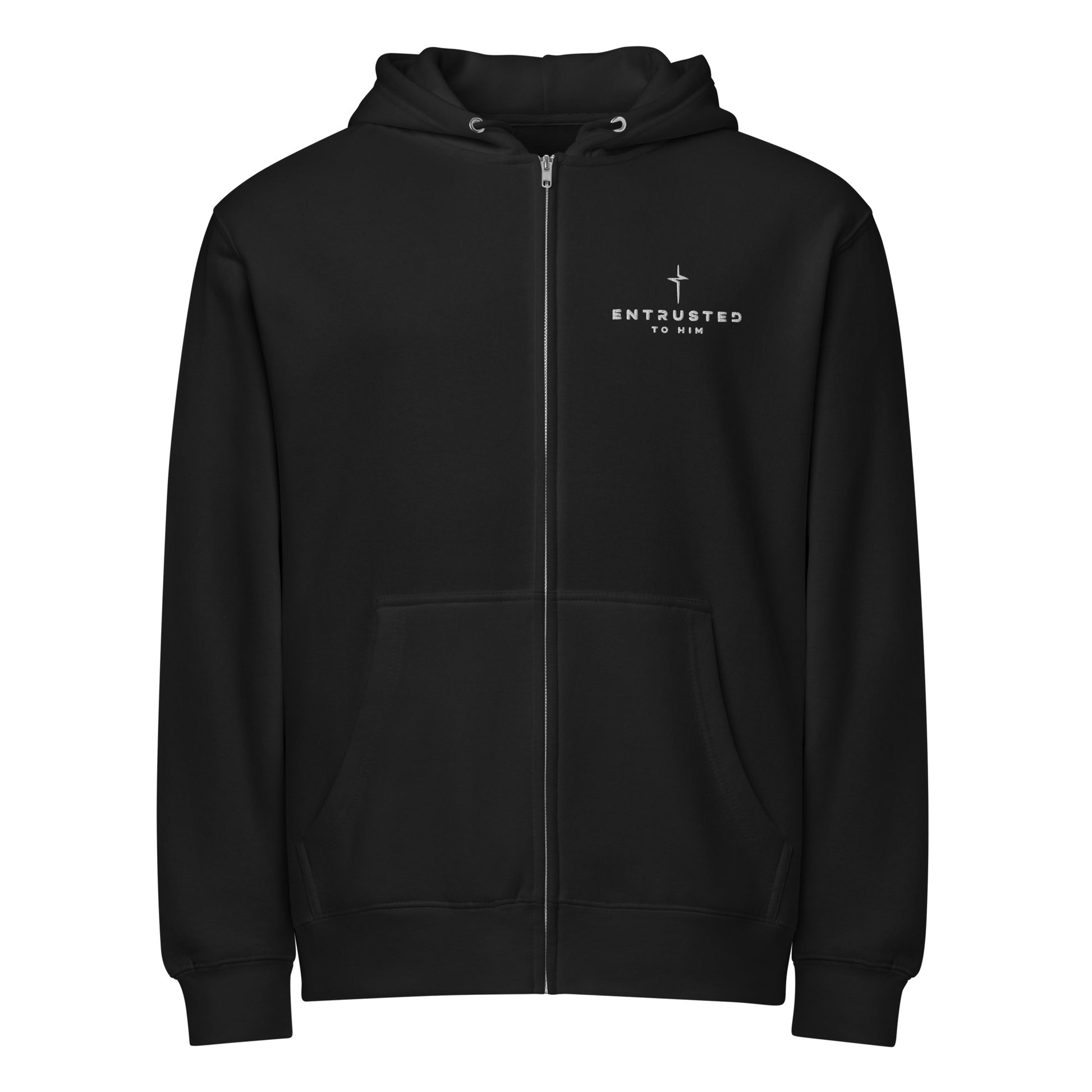 Entrusted Premium Zip Hoodie black front — Christian zip hoodie black 1 Peter 2:23 faith apparel