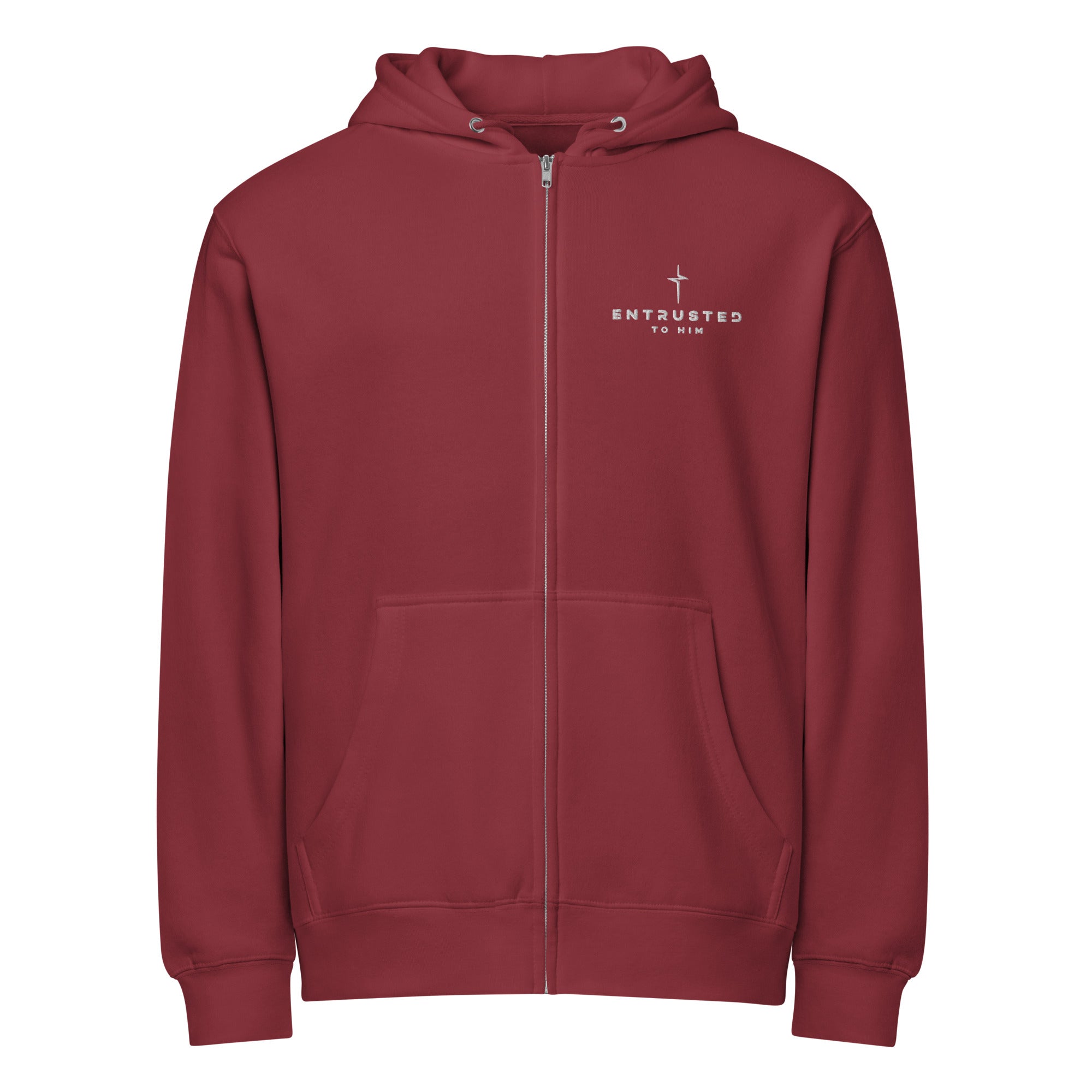Image of Entrusted Premium Zip Hoodie burgundy front — Christian zip hoodie burgundy faith apparel
