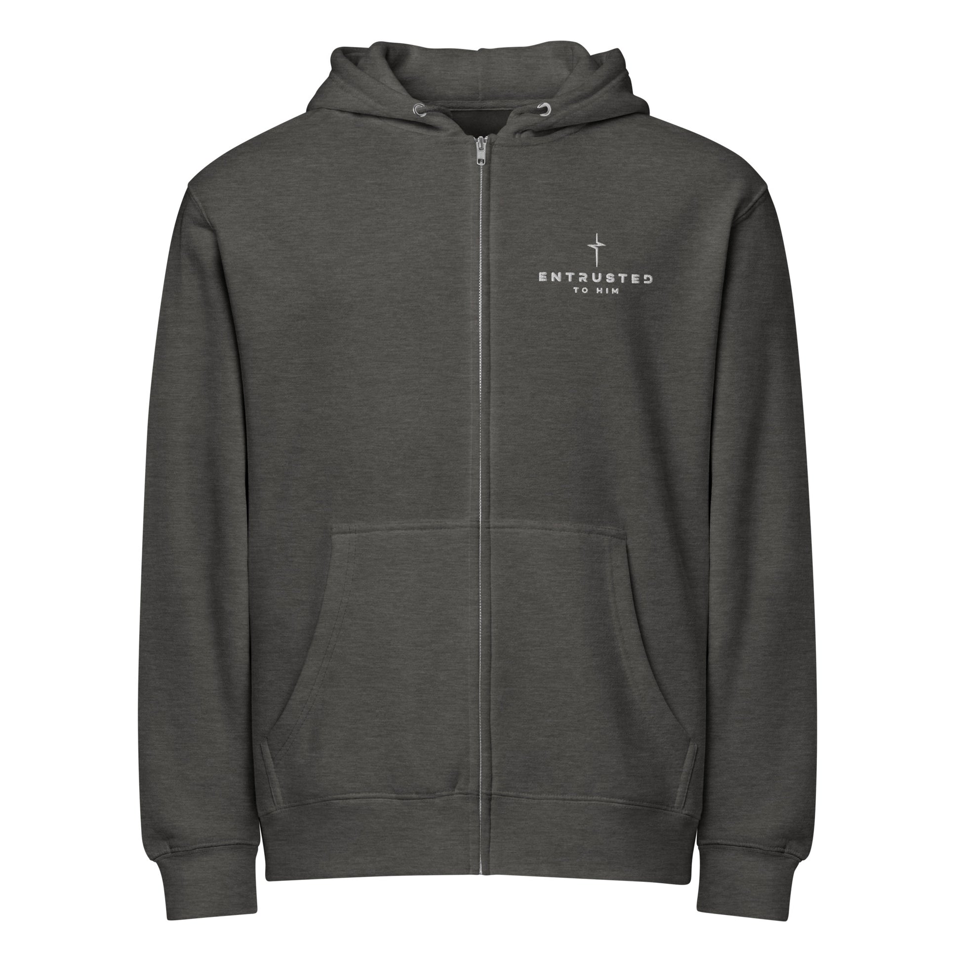 Entrusted Premium Zip Hoodie charcoal heather hero front — Christian zip hoodie 1 Peter 2:23