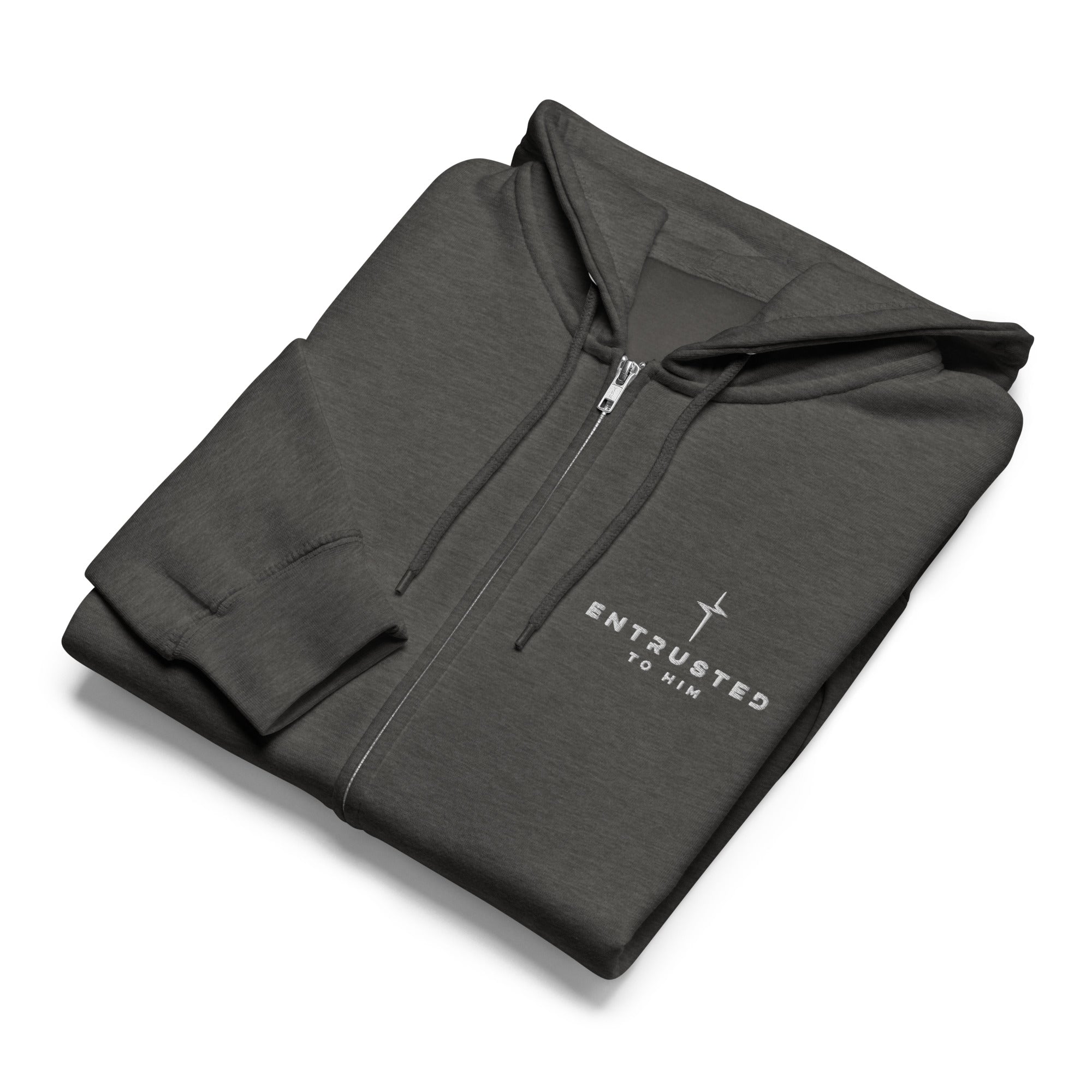 Image of Entrusted Premium Zip Hoodie charcoal heather front alternate — Jesus hoodie faith-based apparel