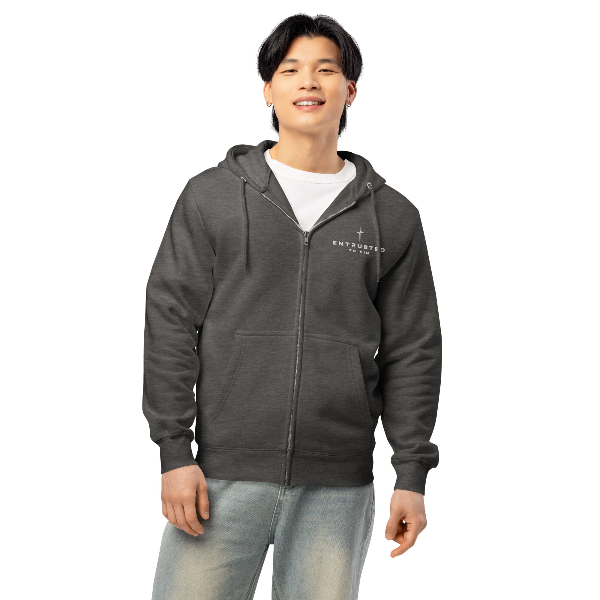 Image of Entrusted Premium Zip Hoodie charcoal heather front — faith-based zip hoodie Entrusted to Him