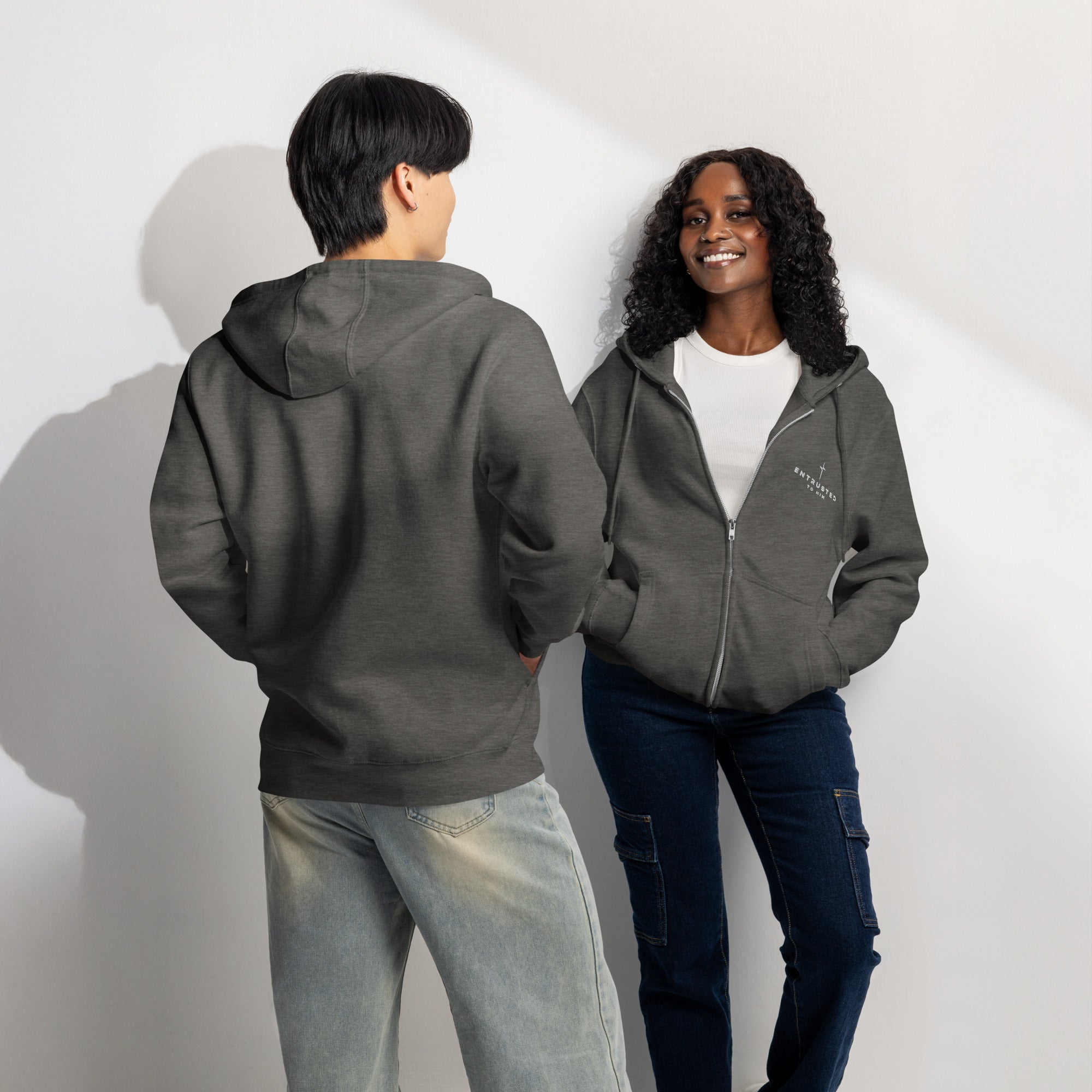 Image of Entrusted Premium Zip Hoodie charcoal heather front and back flat lay — God hoodie Christian streetwear