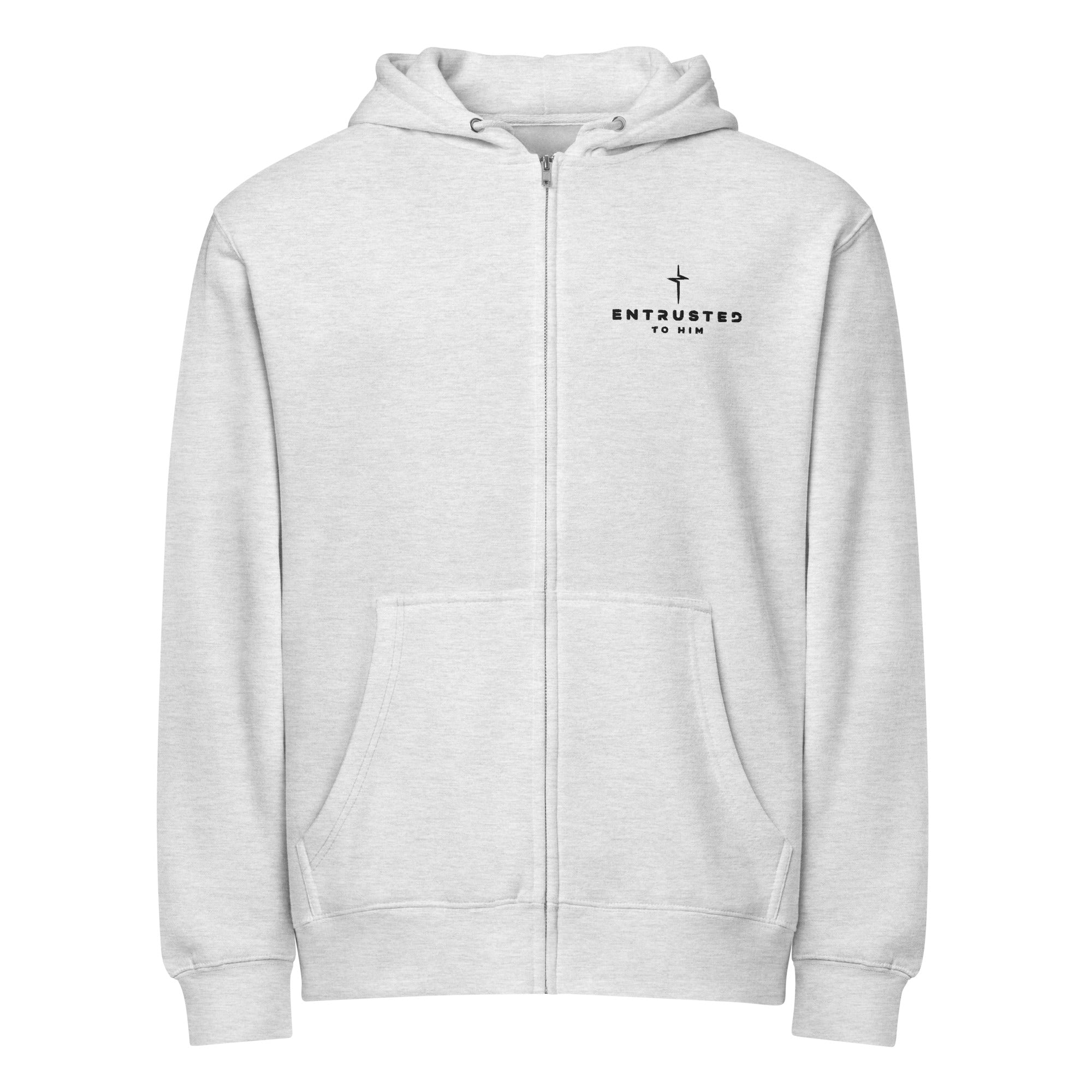 Image of Entrusted Premium Zip Hoodie heather grey front — Christian zip hoodie grey 1 Peter 2:23