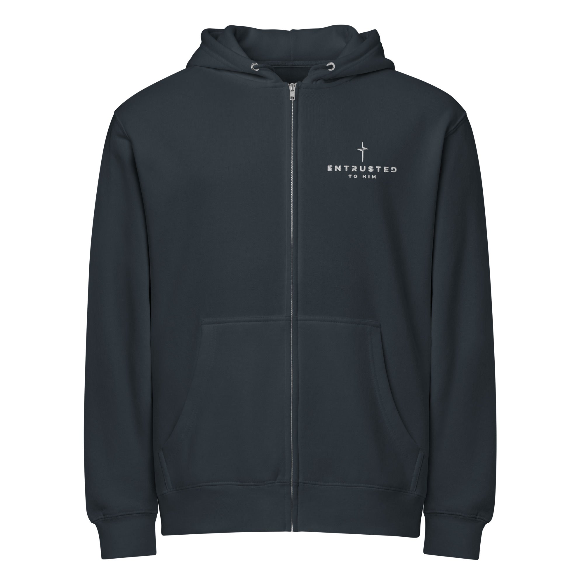Image of Entrusted Premium Zip Hoodie navy front — Christian zip hoodie navy faith apparel 1 Peter 2:23