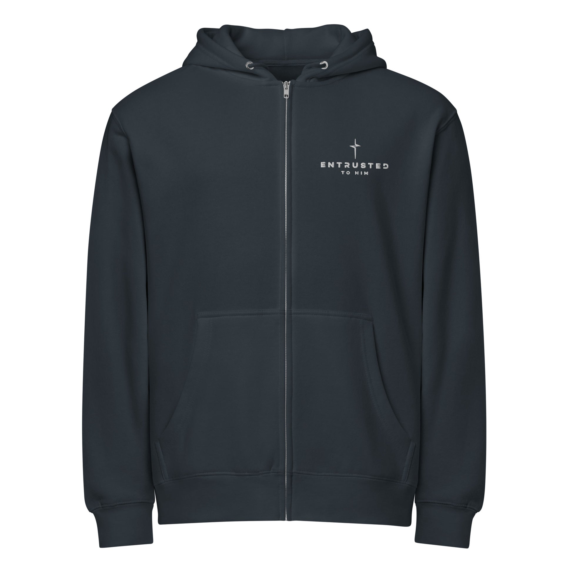 Entrusted Premium Zip Hoodie navy front — Christian zip hoodie navy faith apparel 1 Peter 2:23