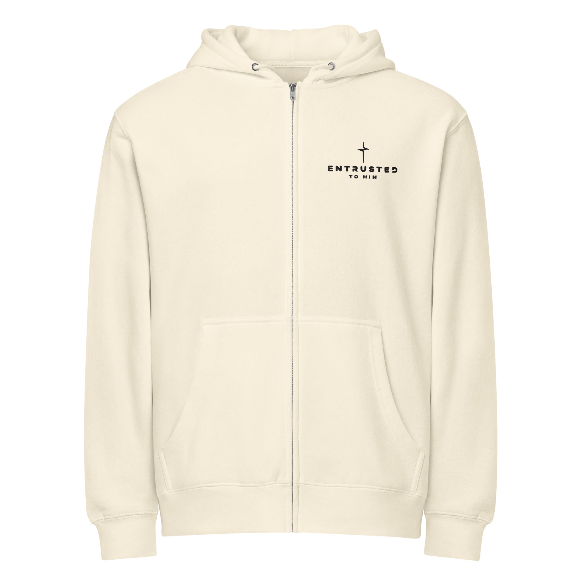 Image of Entrusted Premium Zip Hoodie sandshell front — Christian zip hoodie sandshell faith apparel