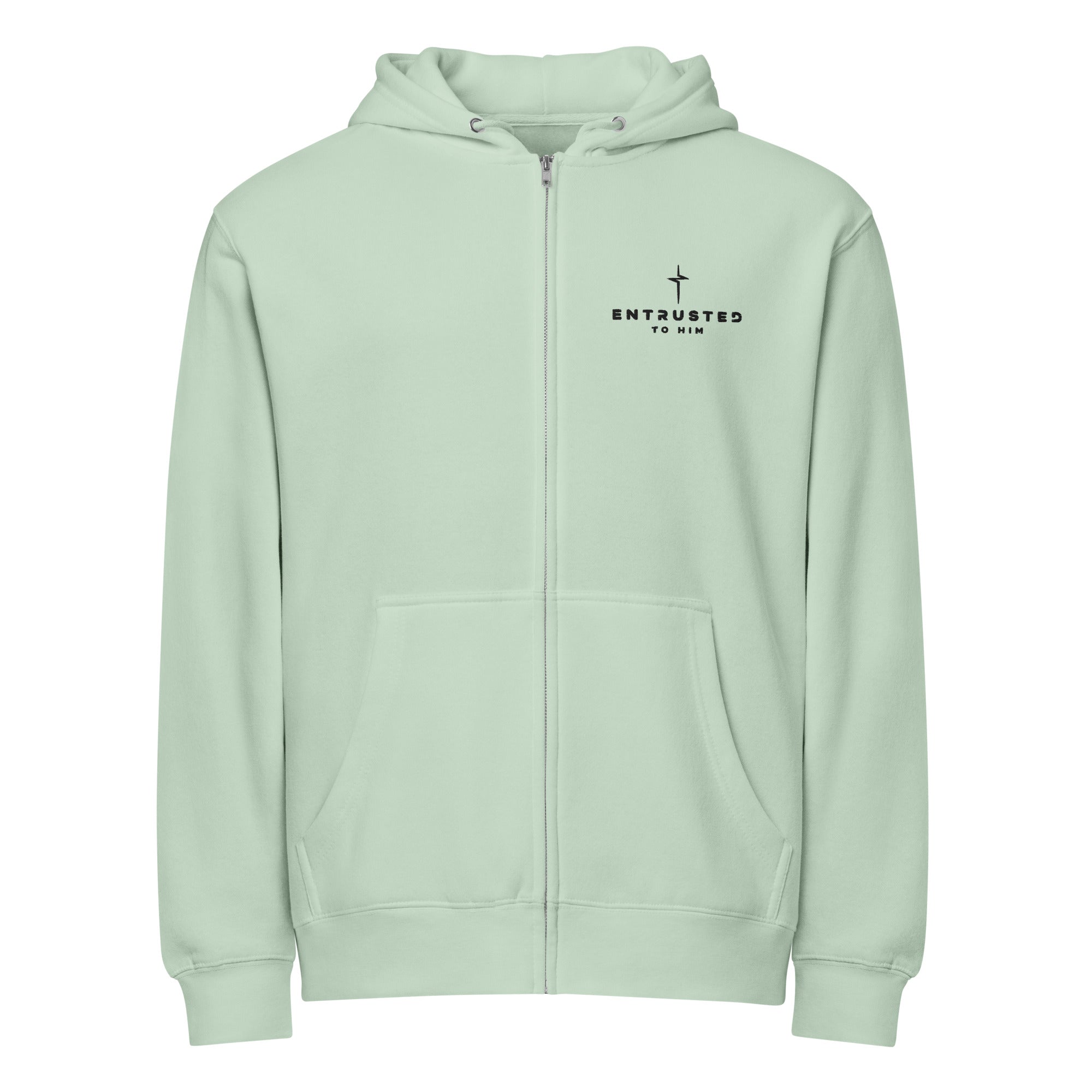 Image of Entrusted Premium Zip Hoodie seafoam front — faith-based zip hoodie seafoam Christian apparel