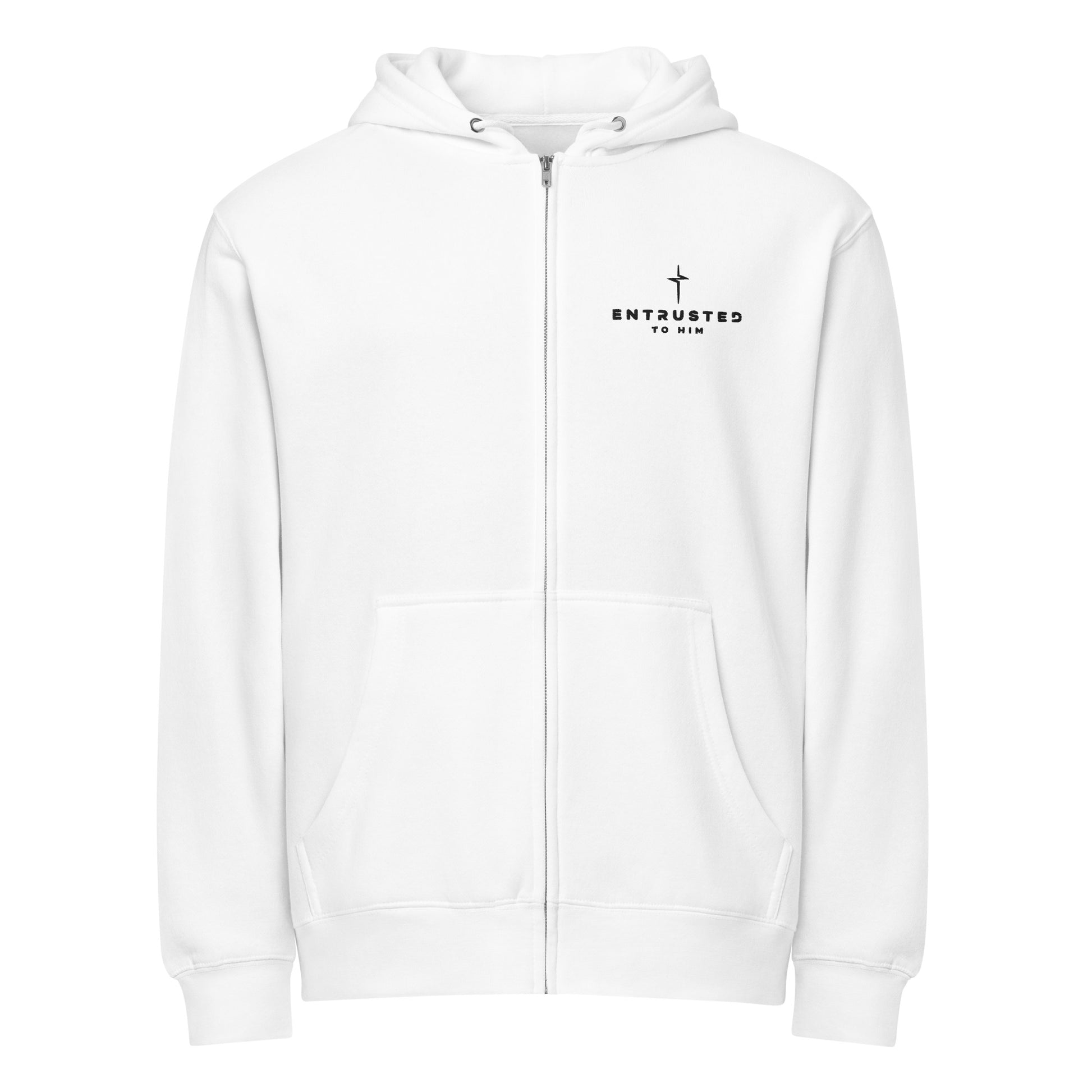 Entrusted Premium Zip Hoodie white front — Christian zip hoodie white faith-based streetwear