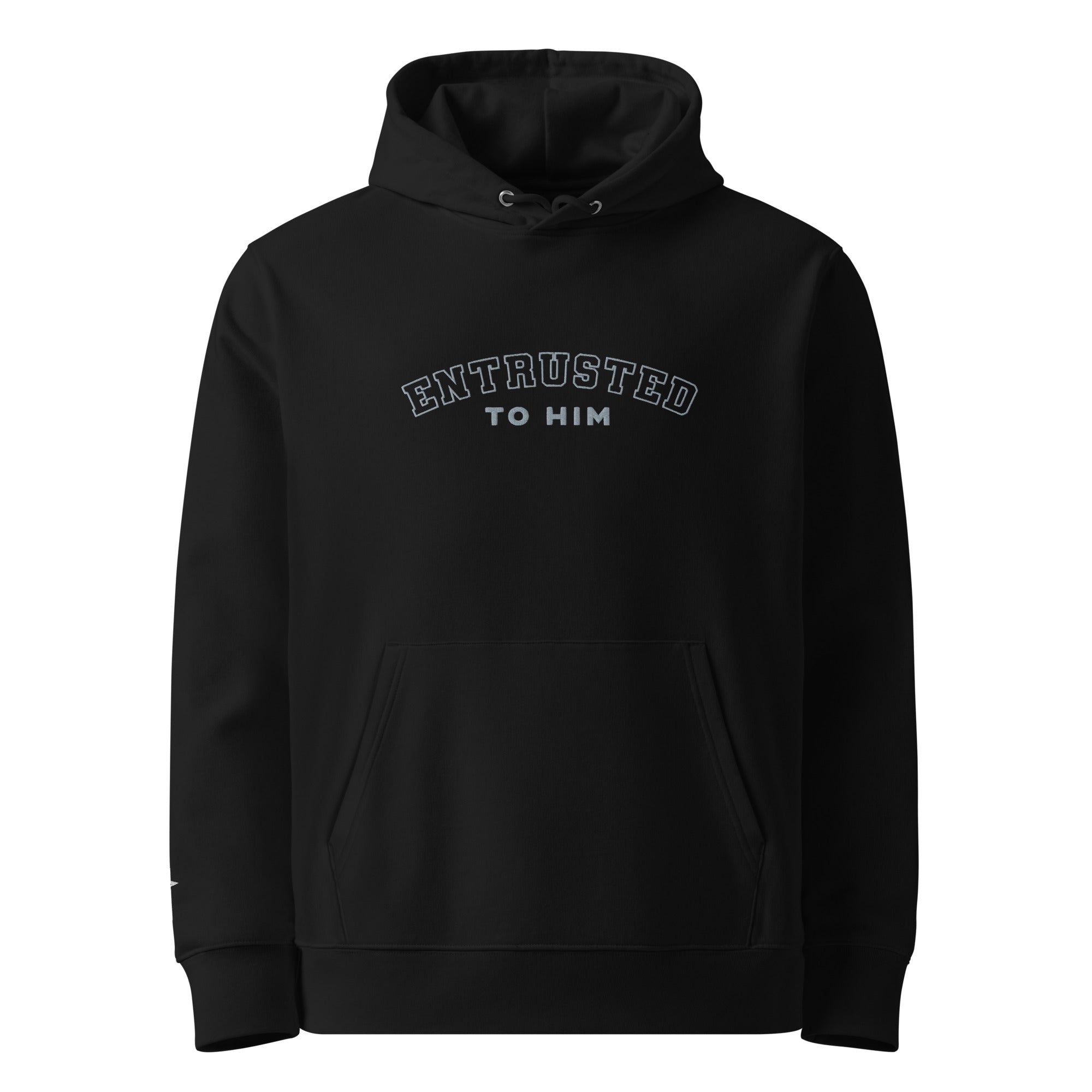 Image of Entrusted Varsity Christian hoodie black front view — Entrusted to Him