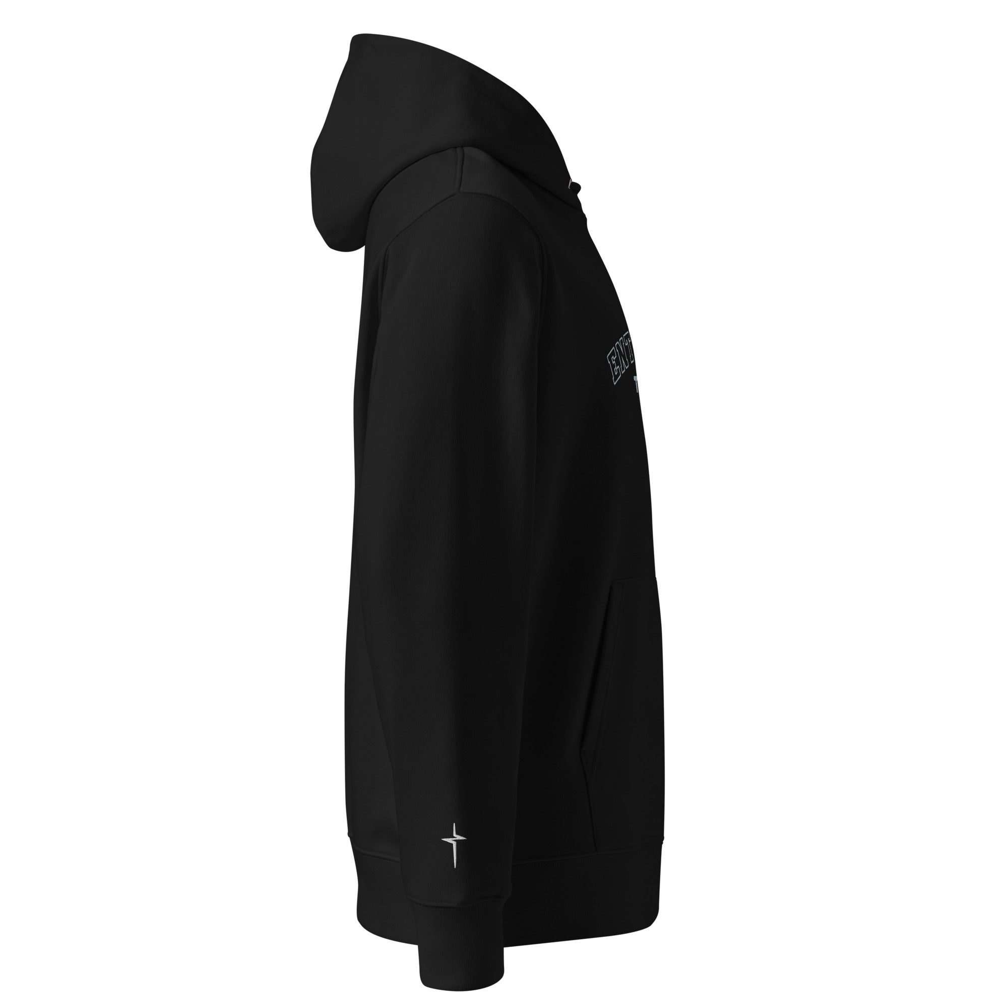 Image of Entrusted Varsity Christian hoodie black right side view — Entrusted to Him