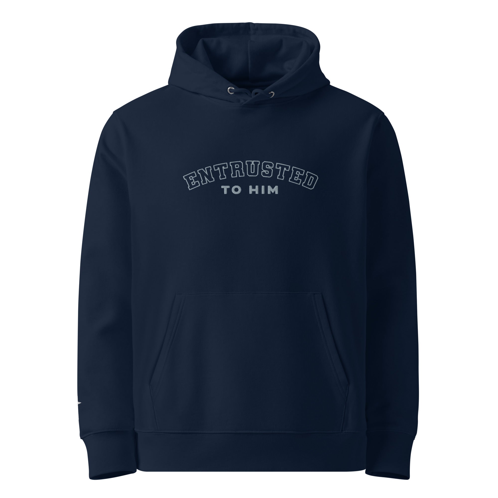 Image of Entrusted Varsity Christian hoodie french navy front view — Entrusted to Him
