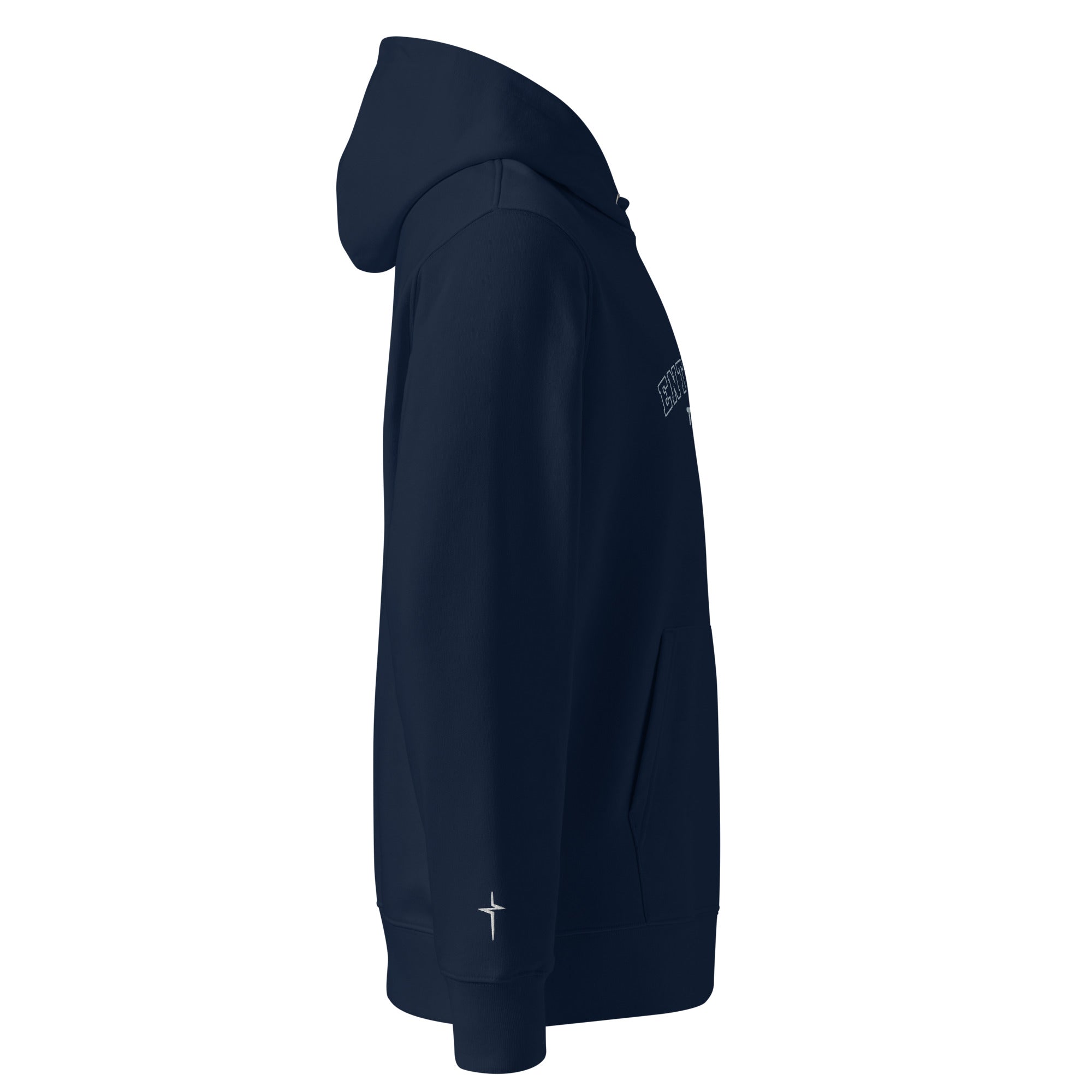 Image of Entrusted Varsity Christian hoodie french navy right side view — Entrusted to Him