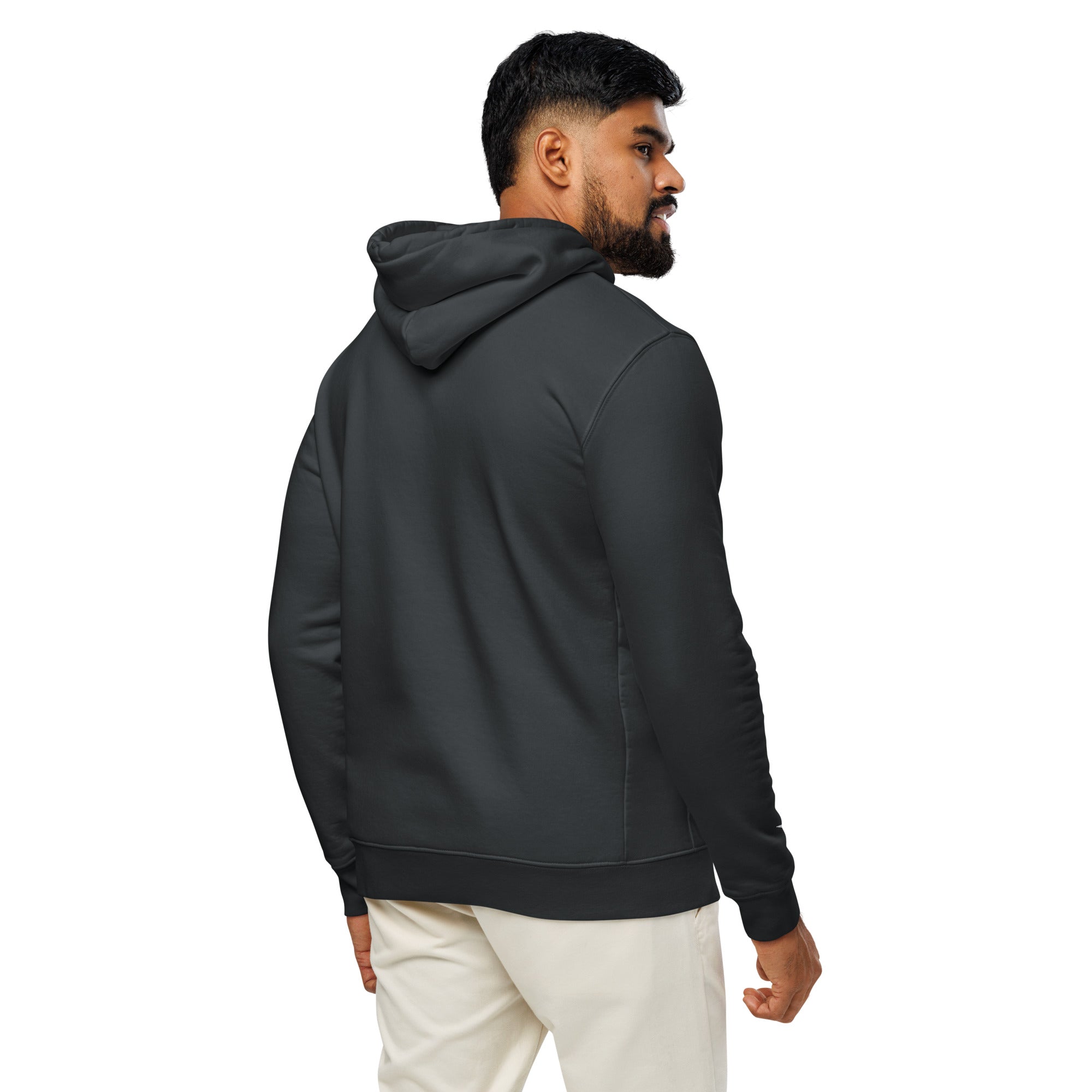 Image of Entrusted Varsity Christian hoodie india ink grey back detail view — Entrusted to Him