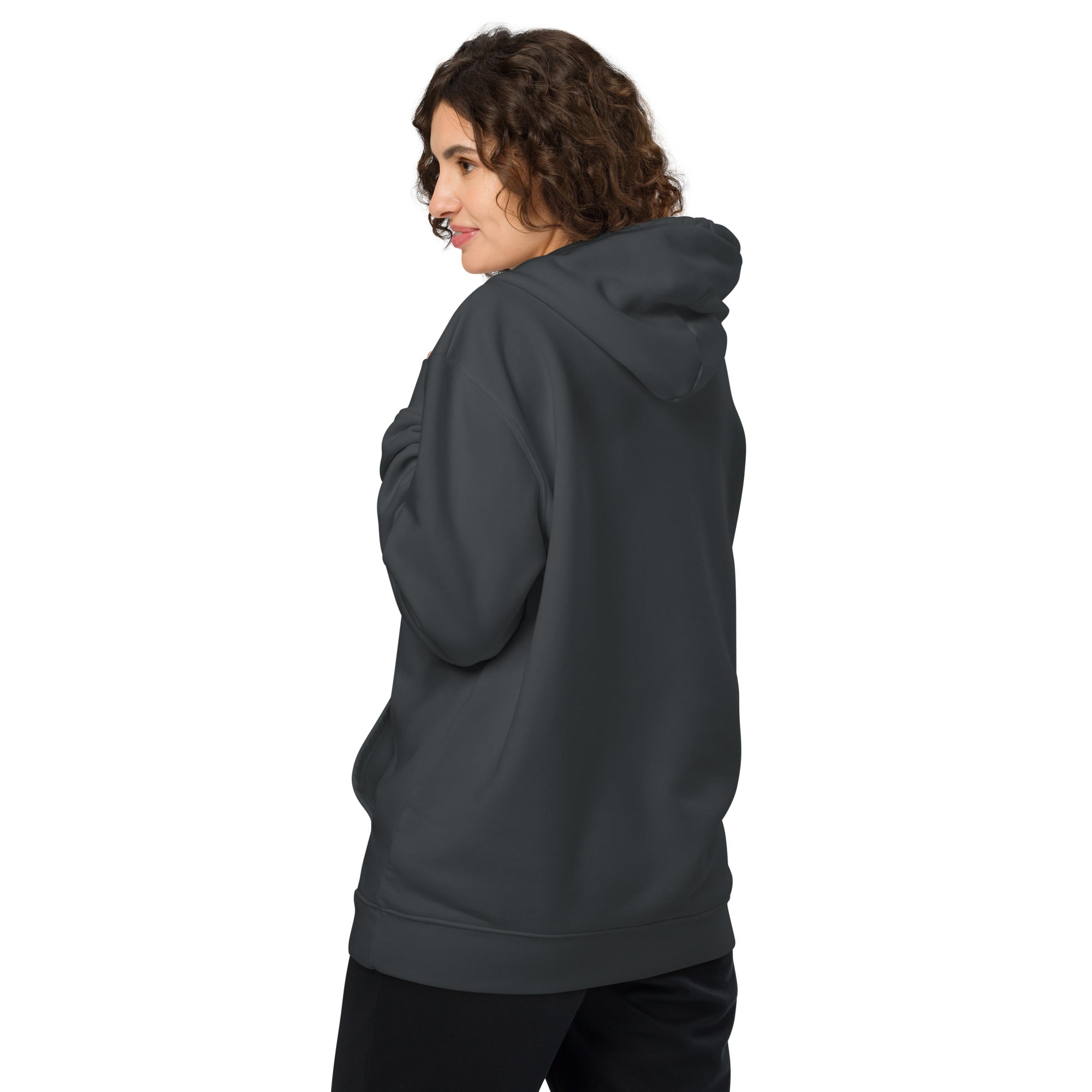 Image of Entrusted Varsity Christian hoodie india ink grey back alternate view — Entrusted to Him