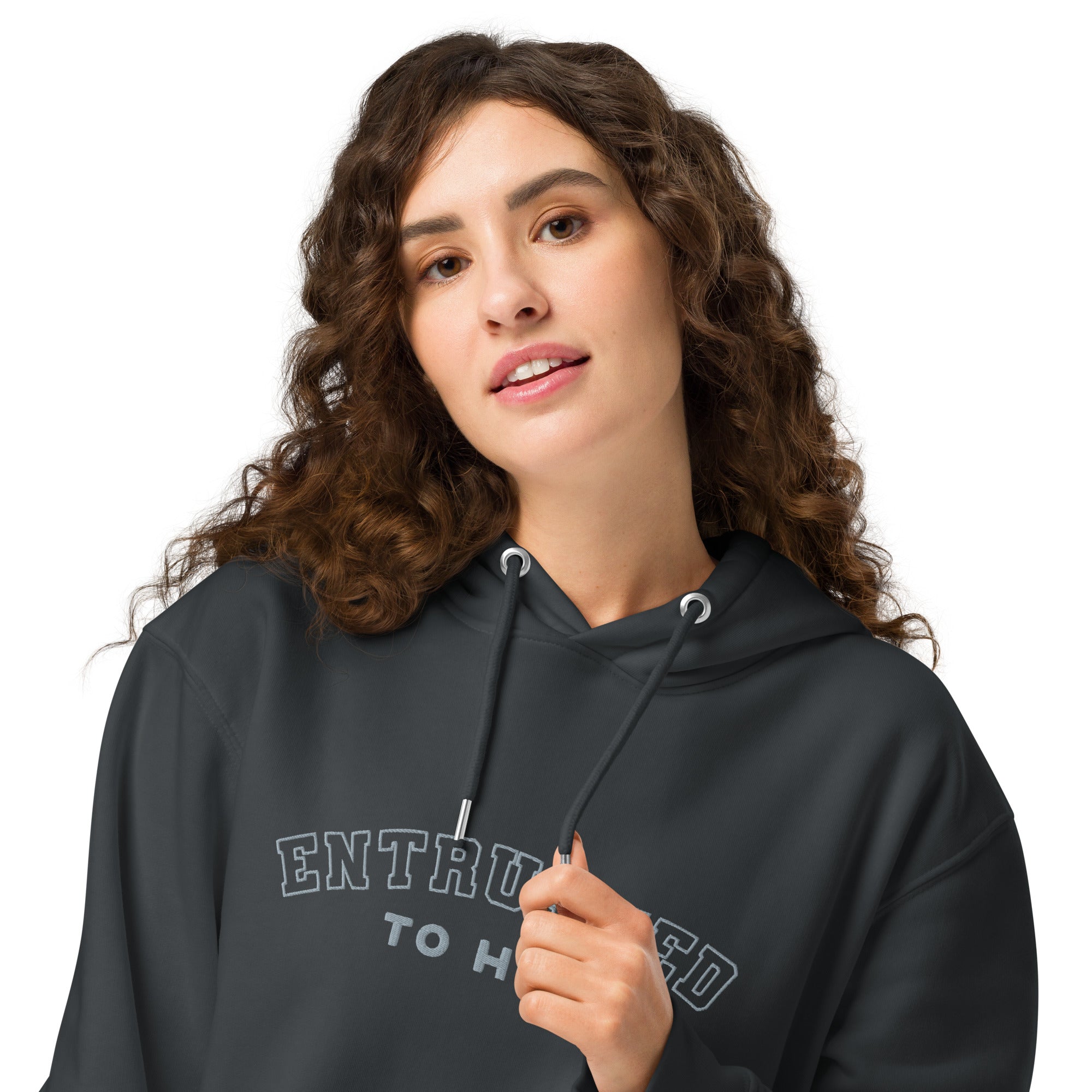 Image of Entrusted Varsity Christian hoodie india ink grey front detail view — Entrusted to Him