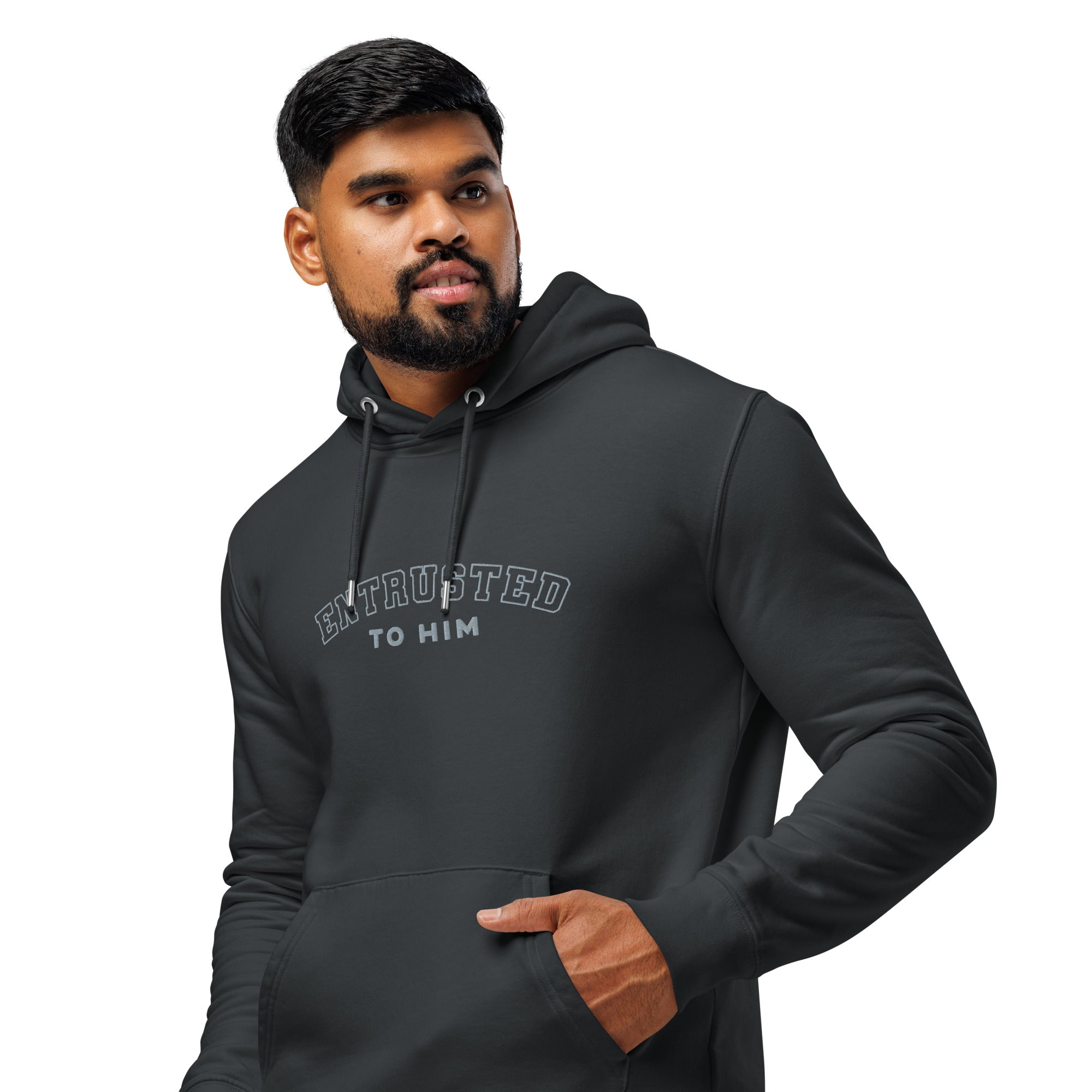Image of Entrusted Varsity Christian hoodie india ink grey left front view — Entrusted to Him