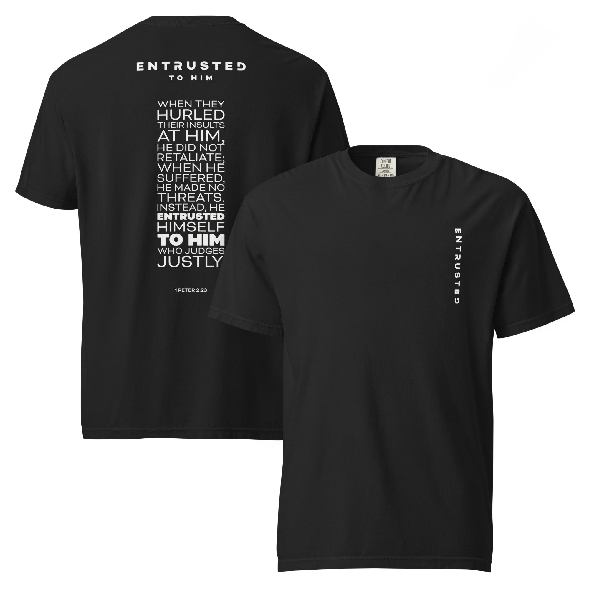 Image of Entrusted Christian t-shirts for men black front and back view — Entrusted to Him
