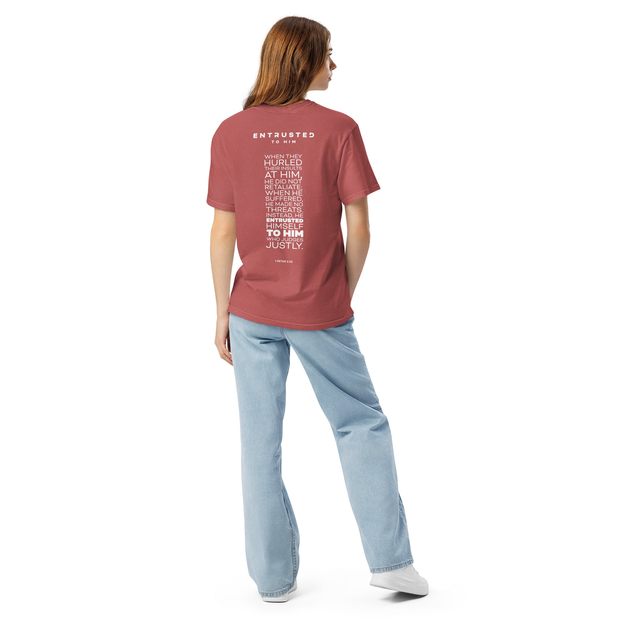 Image of Entrusted Bible verse shirt crimson back view — Entrusted to Him