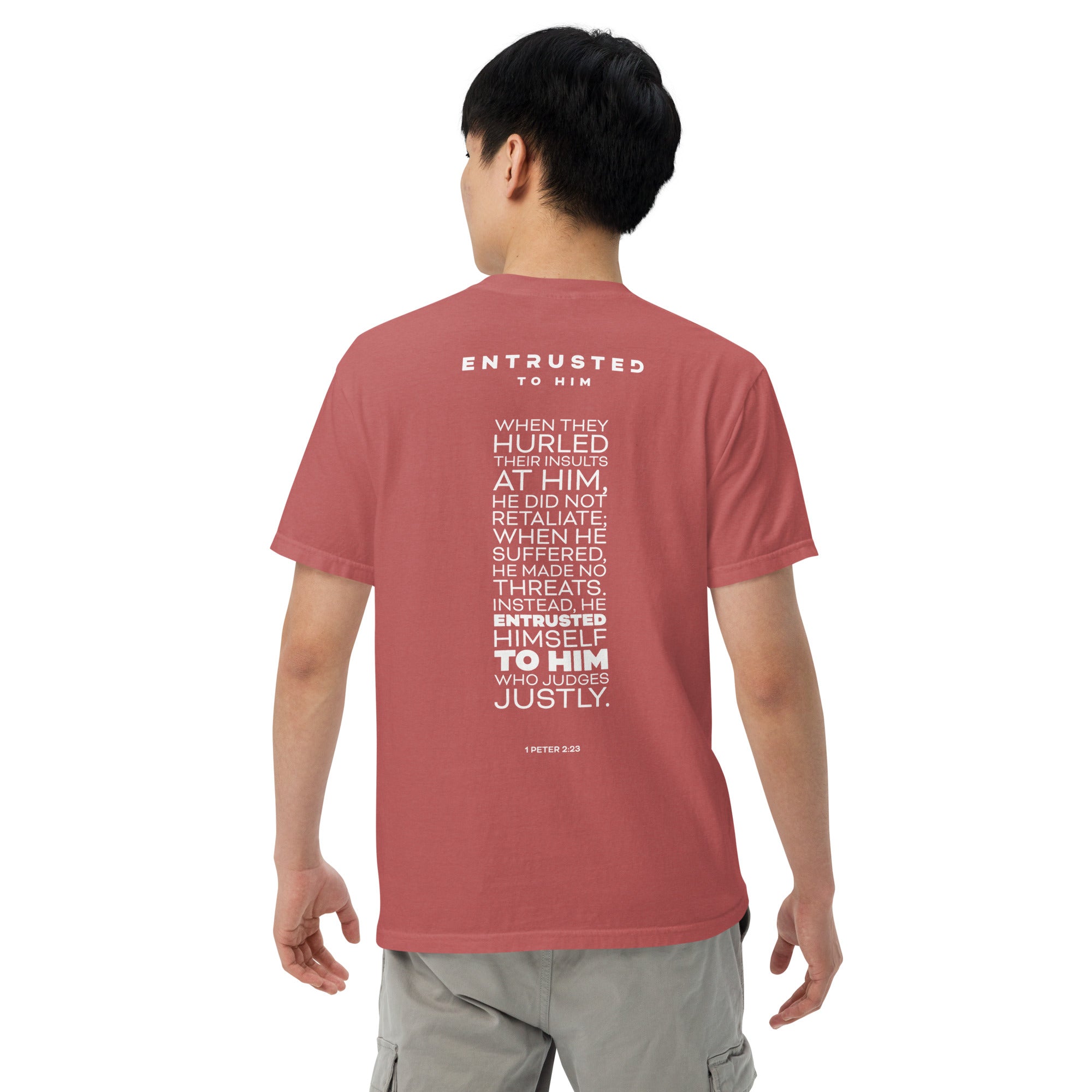 Image of Entrusted t-shirt Christian crimson back alternate view — Entrusted to Him