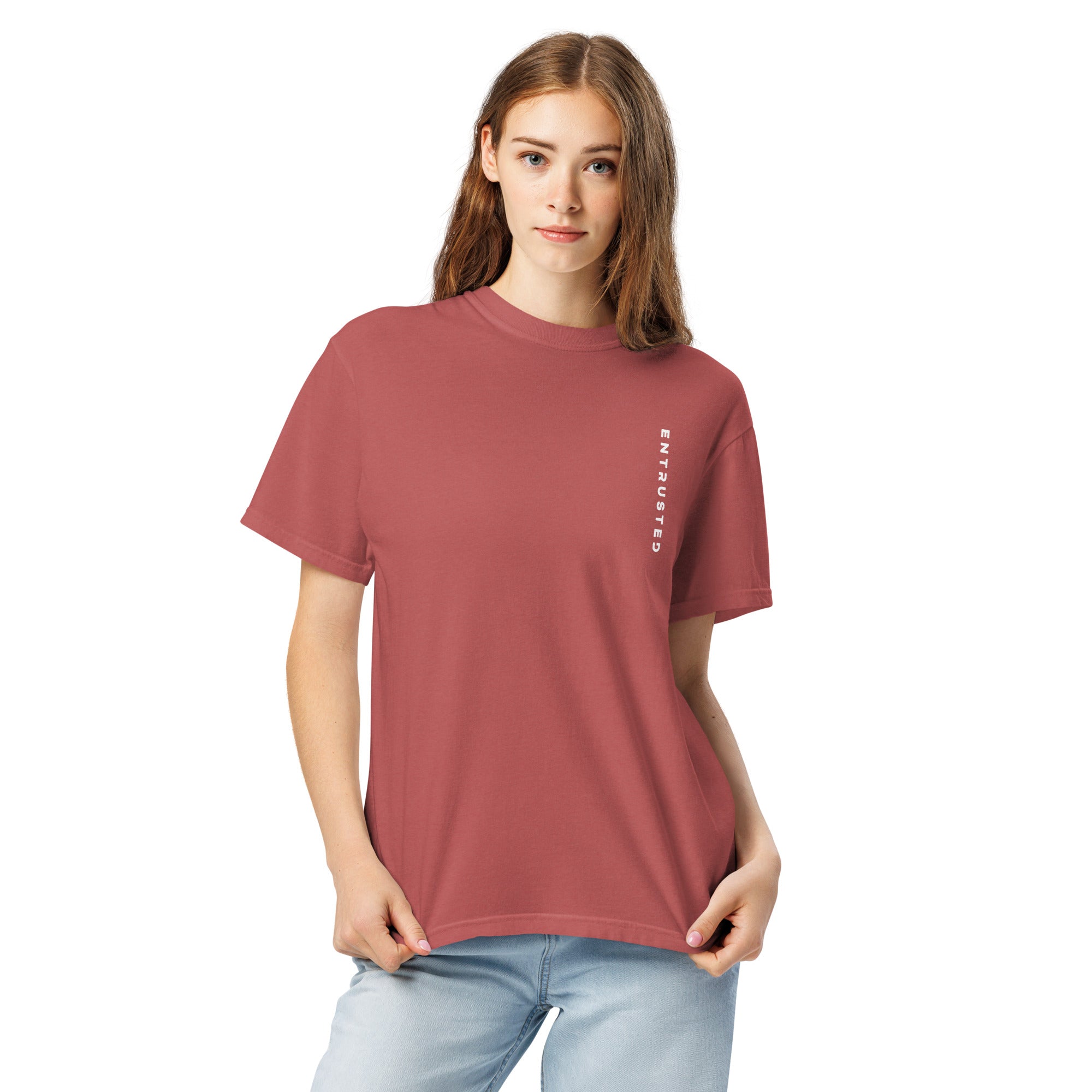 Image of Entrusted Christian apparel crimson front lifestyle view — Entrusted to Him