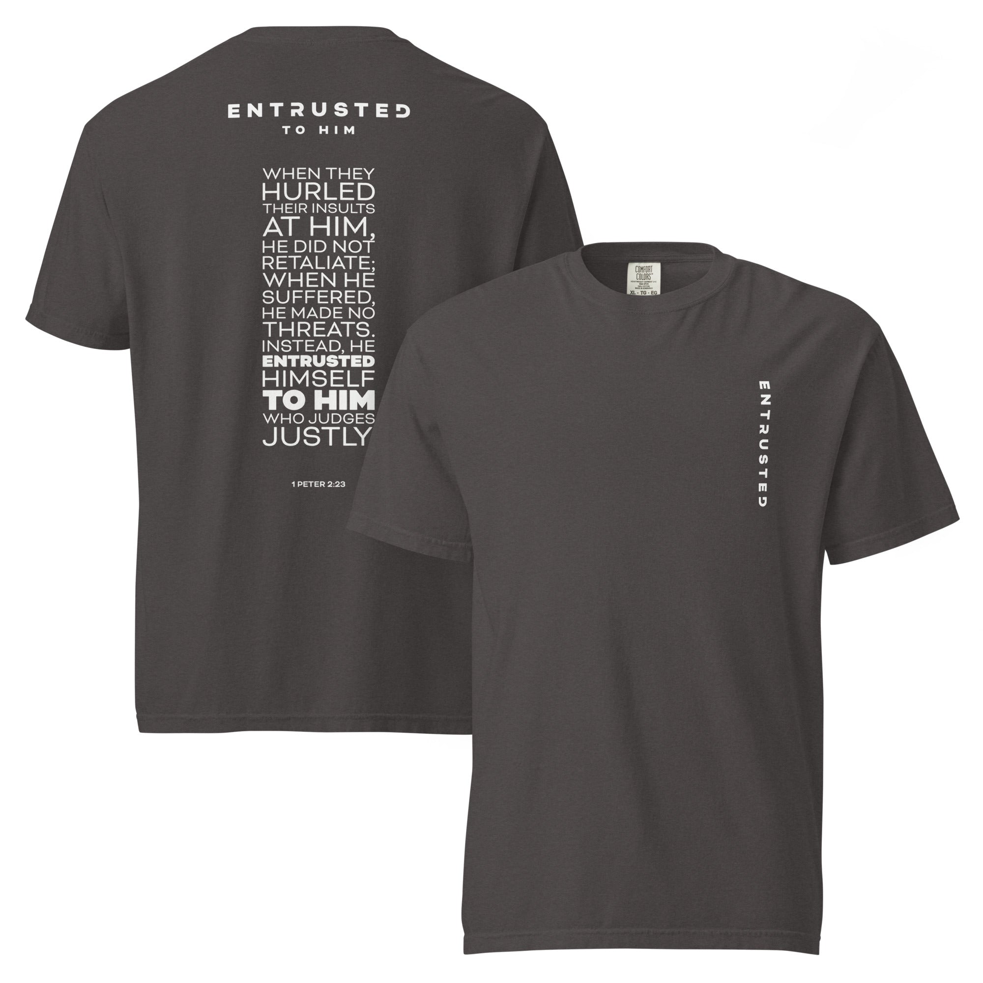 Image of Entrusted Jesus shirt graphite front and back view — Entrusted to Him