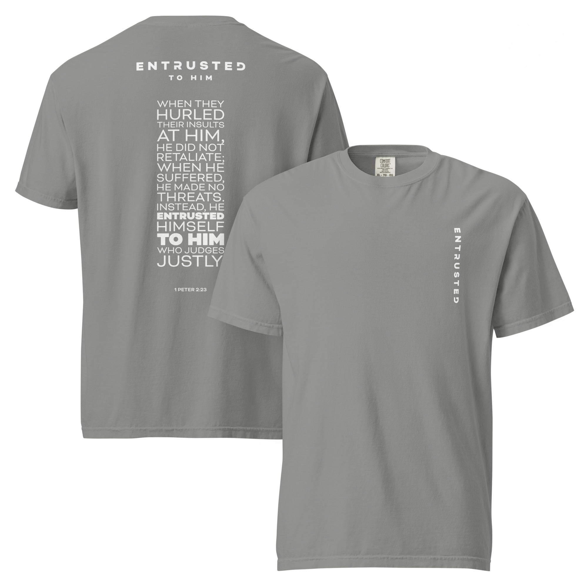 Image of Entrusted Bible verse shirt grey front and back view — Entrusted to Him