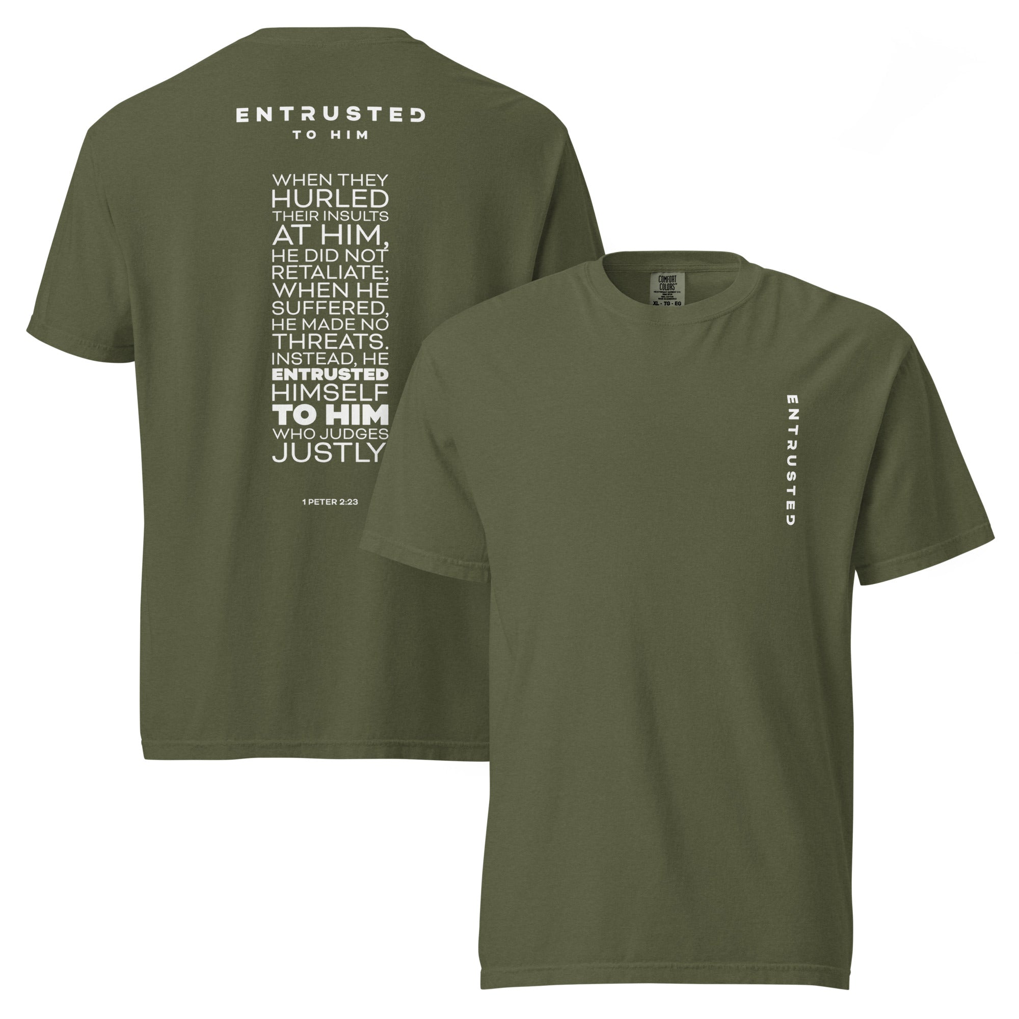 Image of Entrusted Christian graphic tee hemp front and back view — Entrusted to Him