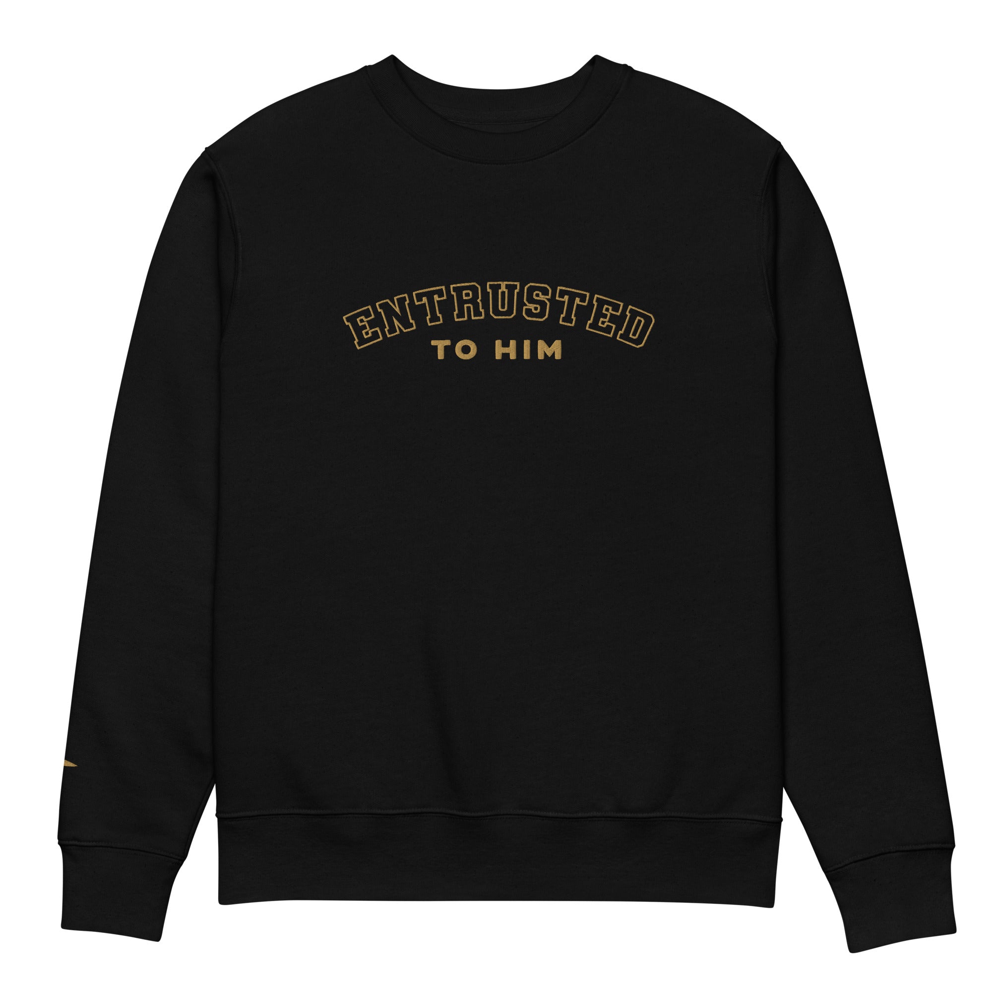 Image of Entrusted varsity embroidered Christian sweatshirt black front view — Entrusted to Him