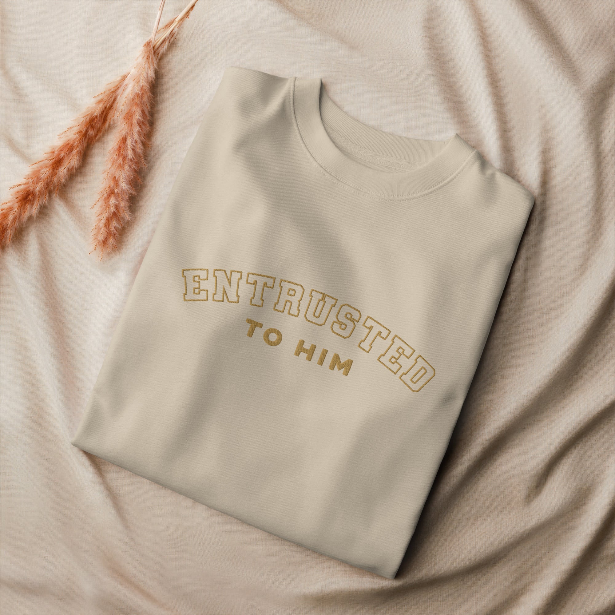 Image of Entrusted varsity Christian sweatshirt desert dust front close-up — Entrusted to Him faith apparel