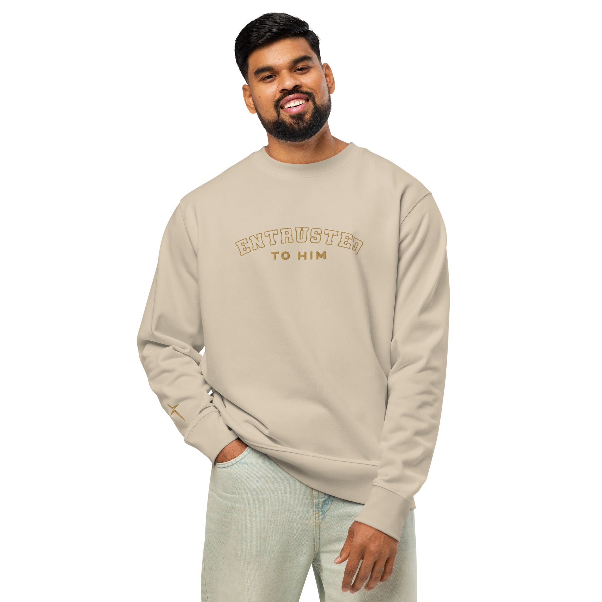 Image of Entrusted varsity organic sweatshirt desert dust front — Entrusted to Him Christian apparel