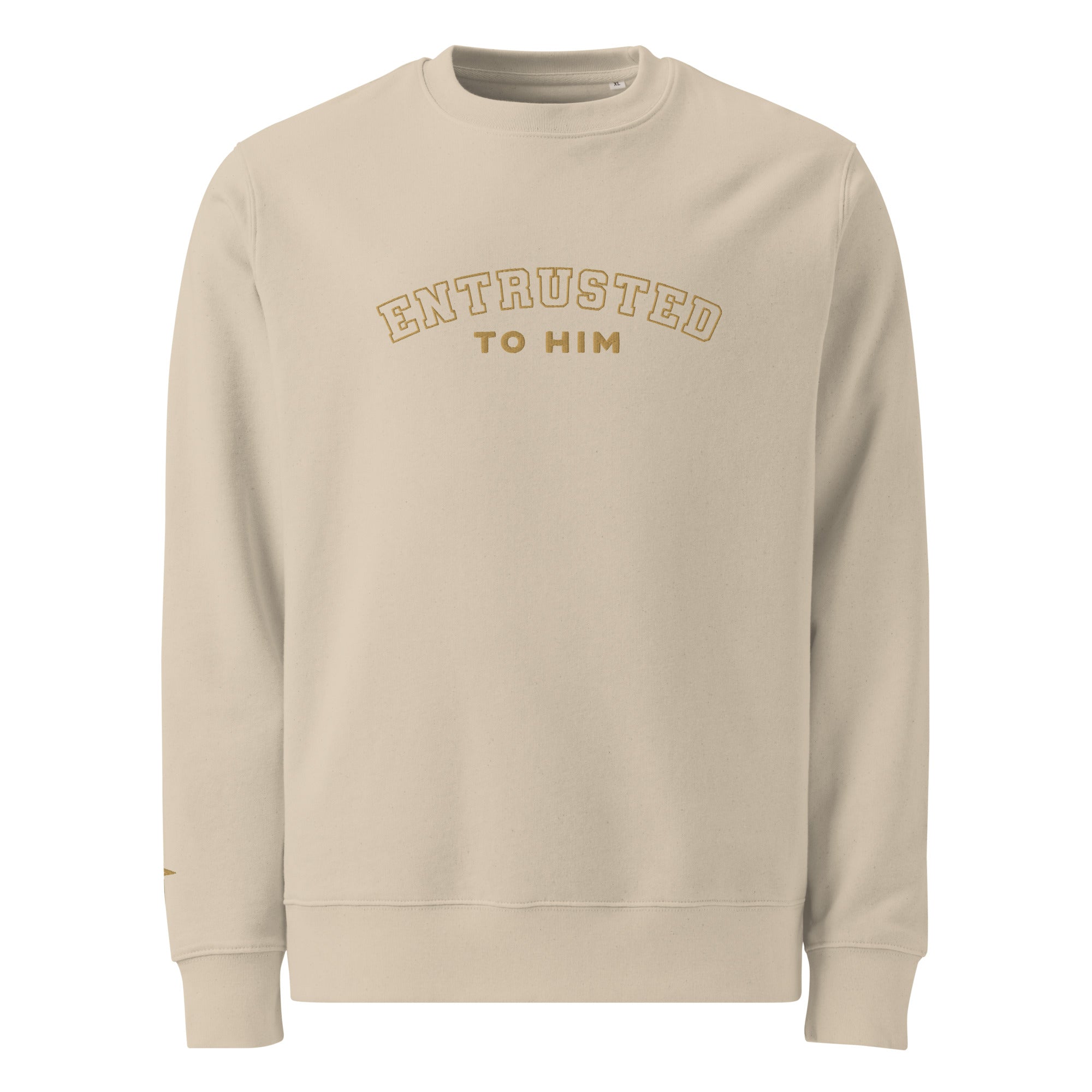 Image of Entrusted varsity embroidered faith sweatshirt desert dust alternate front view — Entrusted to Him