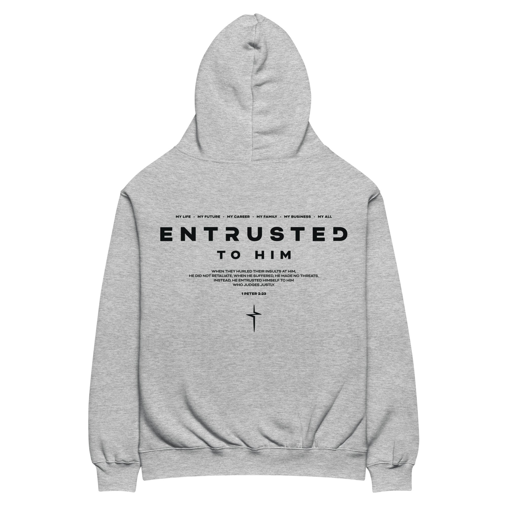 Image of Entrusted Oversized Christian hoodie athletic heather back — organic faith-based hoodie