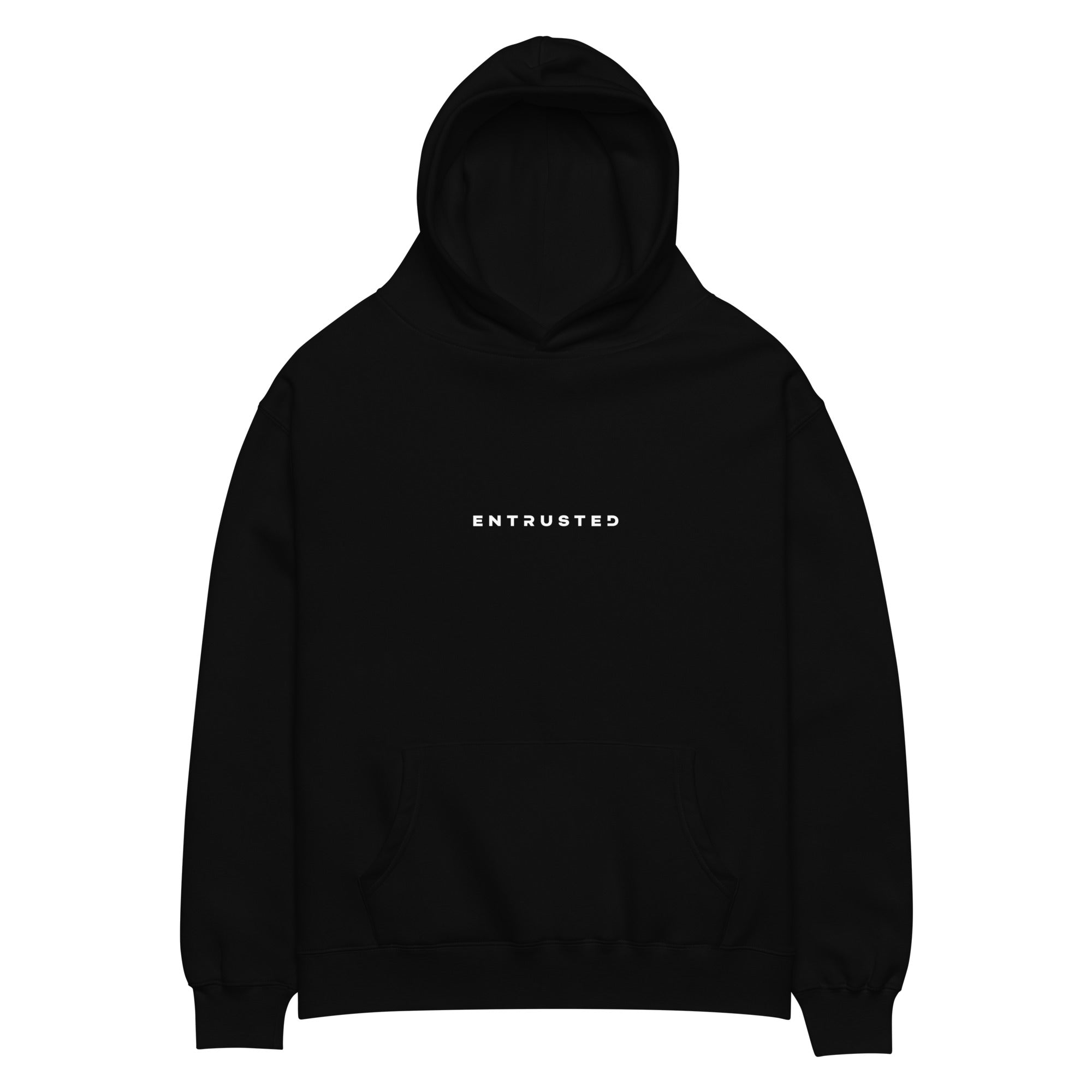 Image of Black oversized Jesus hoodie front — Entrusted Christian streetwear organic hoodie