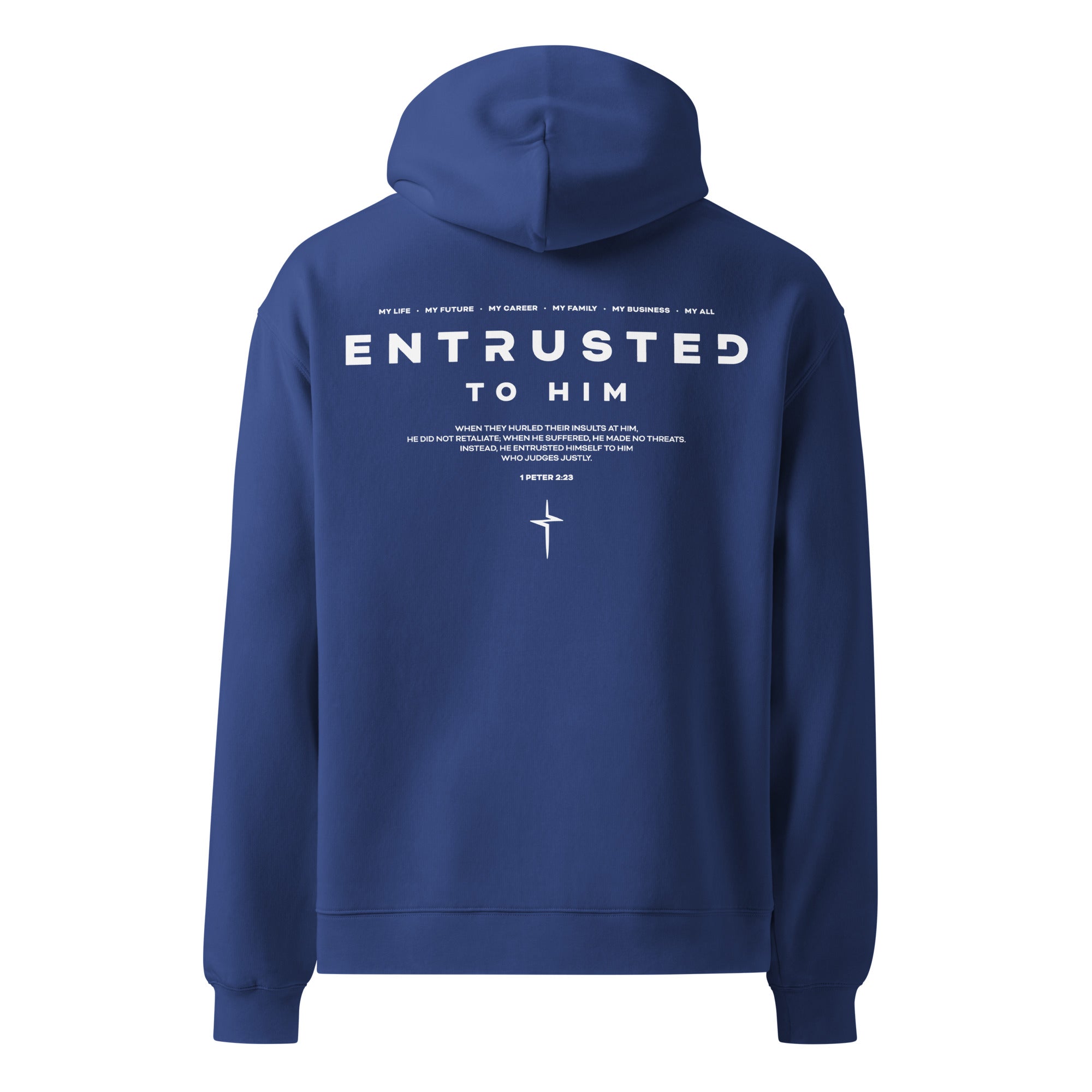 Image of Entrusted oversized hoodie cobalt back detail — faith-based apparel inspired by scripture