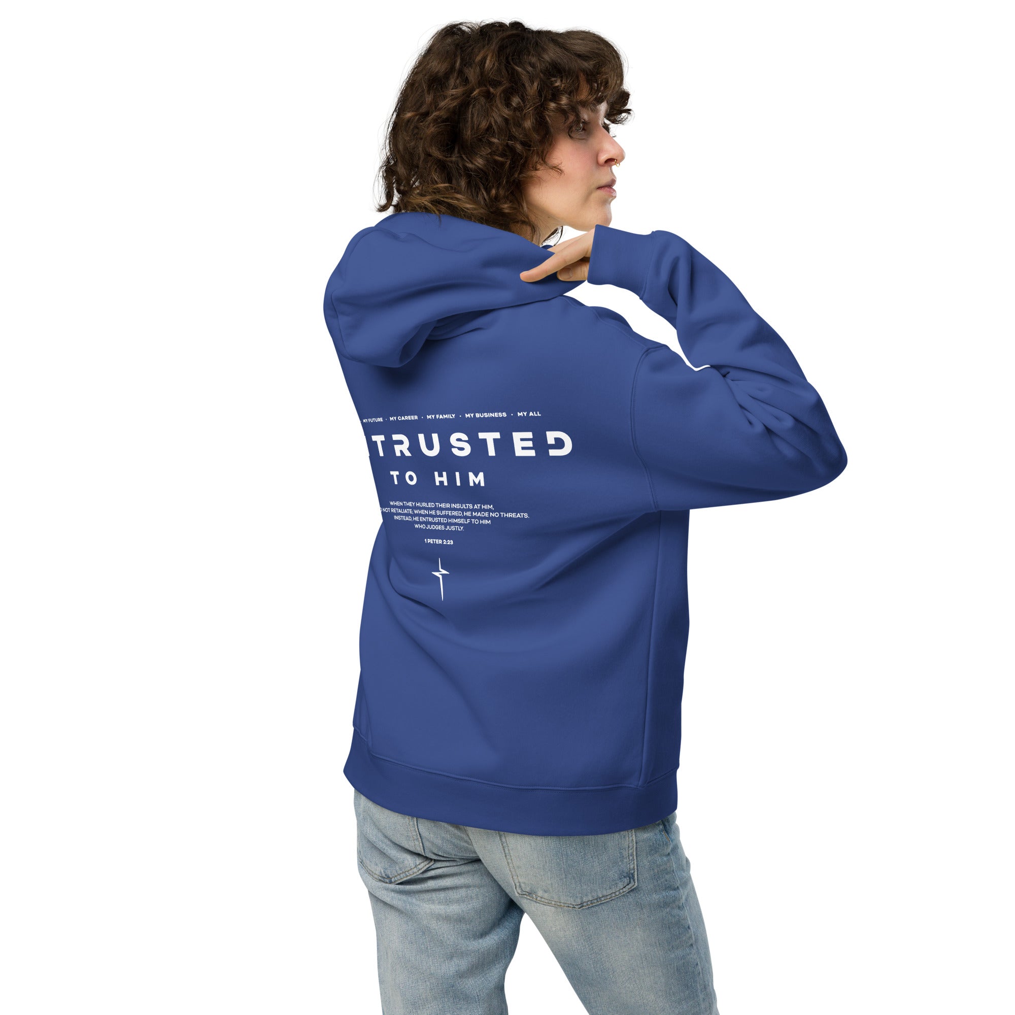 Image of Faith-based hoodie cobalt back view — Entrusted oversized Christian streetwear hoodie