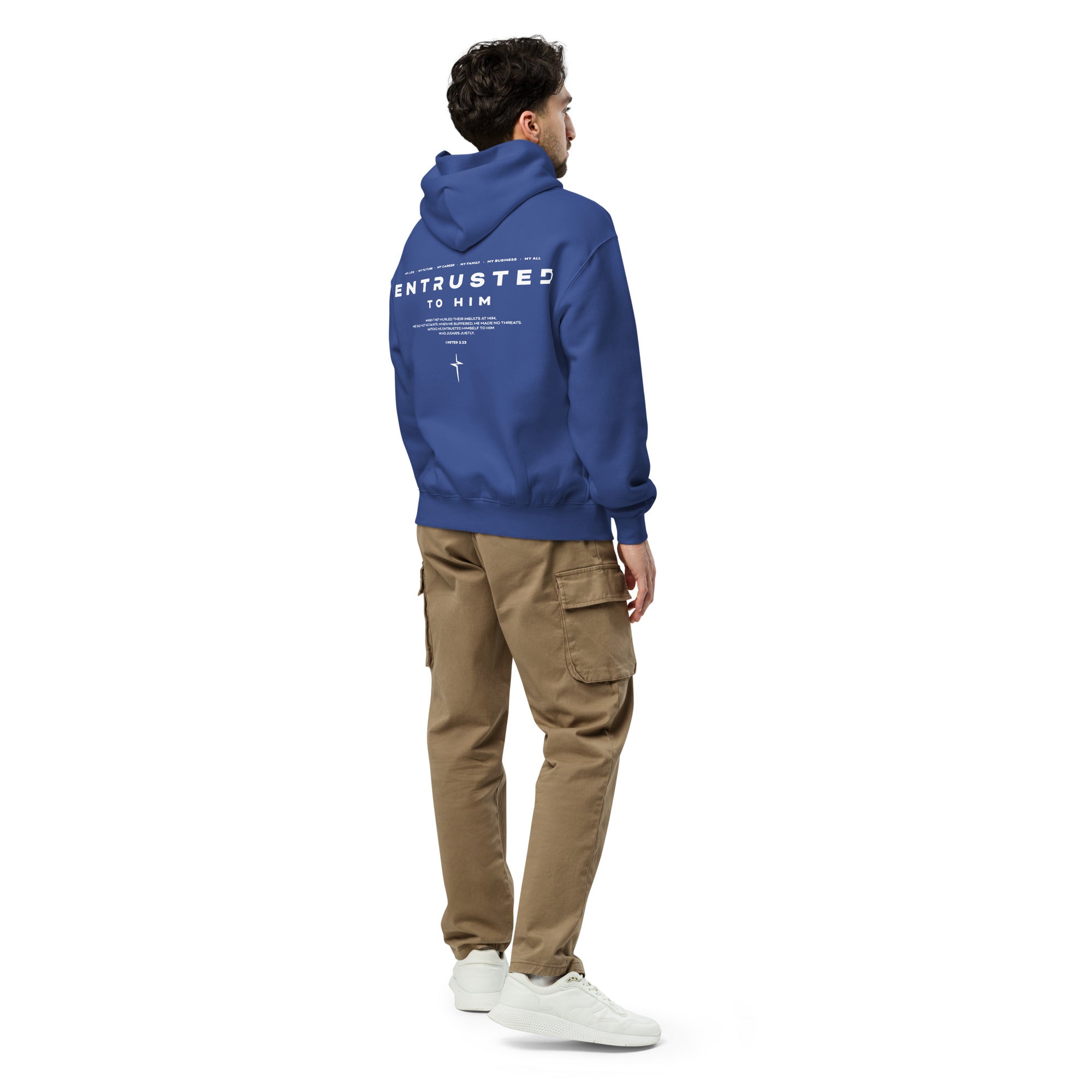 Image of Organic Christian hoodie cobalt back — Entrusted to Him oversized Jesus hoodie