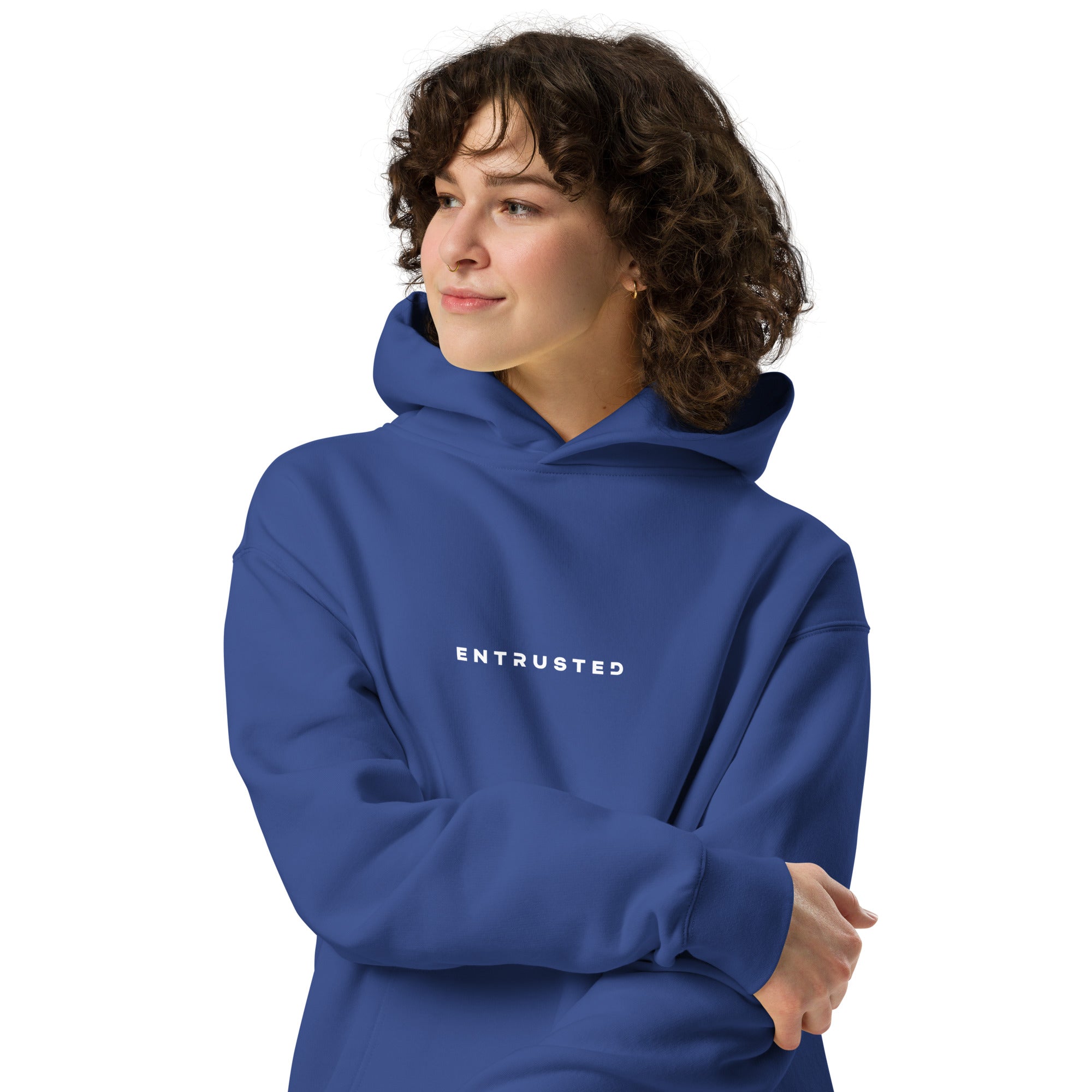 Image of Entrusted Jesus hoodie cobalt oversized — organic Christian hoodie dropped shoulder design