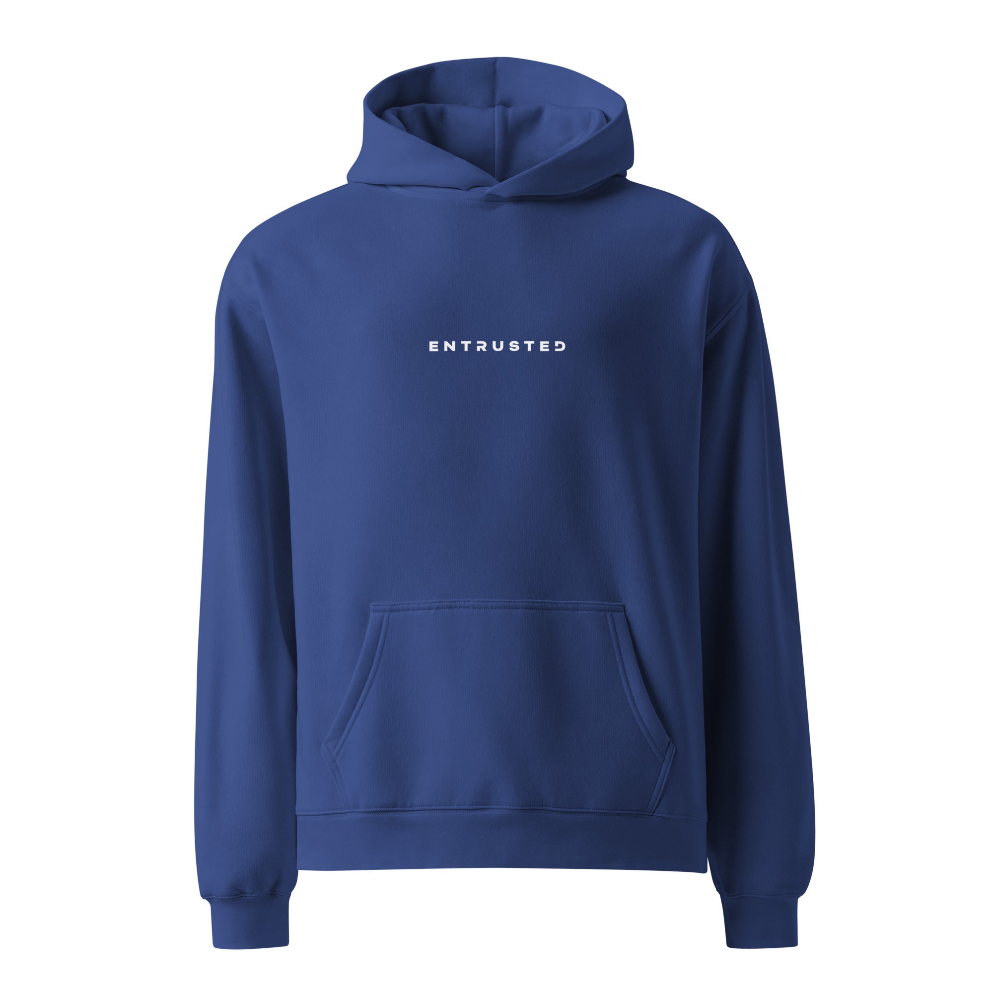Image of Christian hoodie cobalt oversized fit — Entrusted to Him faith streetwear