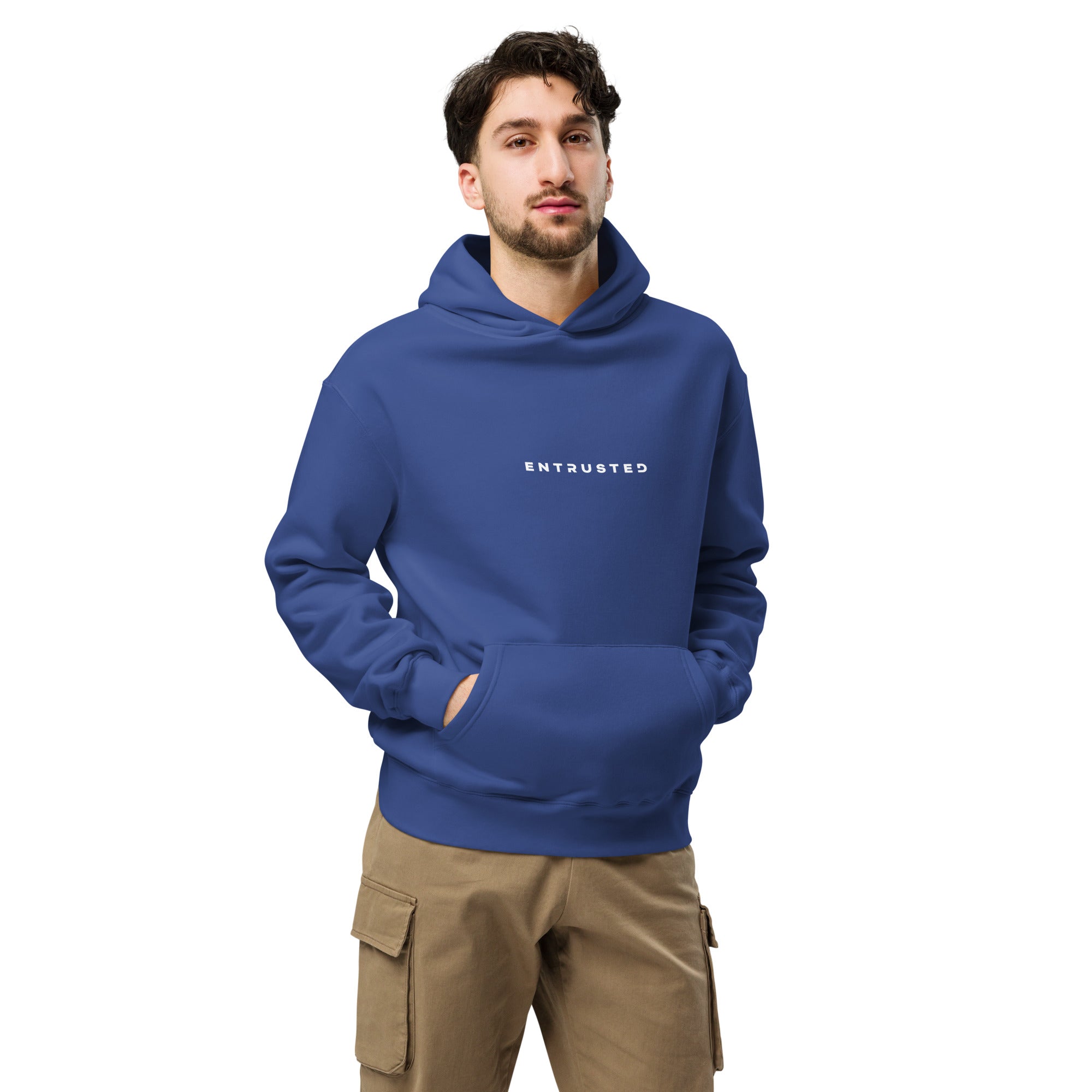 Image of God hoodie cobalt oversized front — Entrusted Christian apparel 1 Peter 2:23