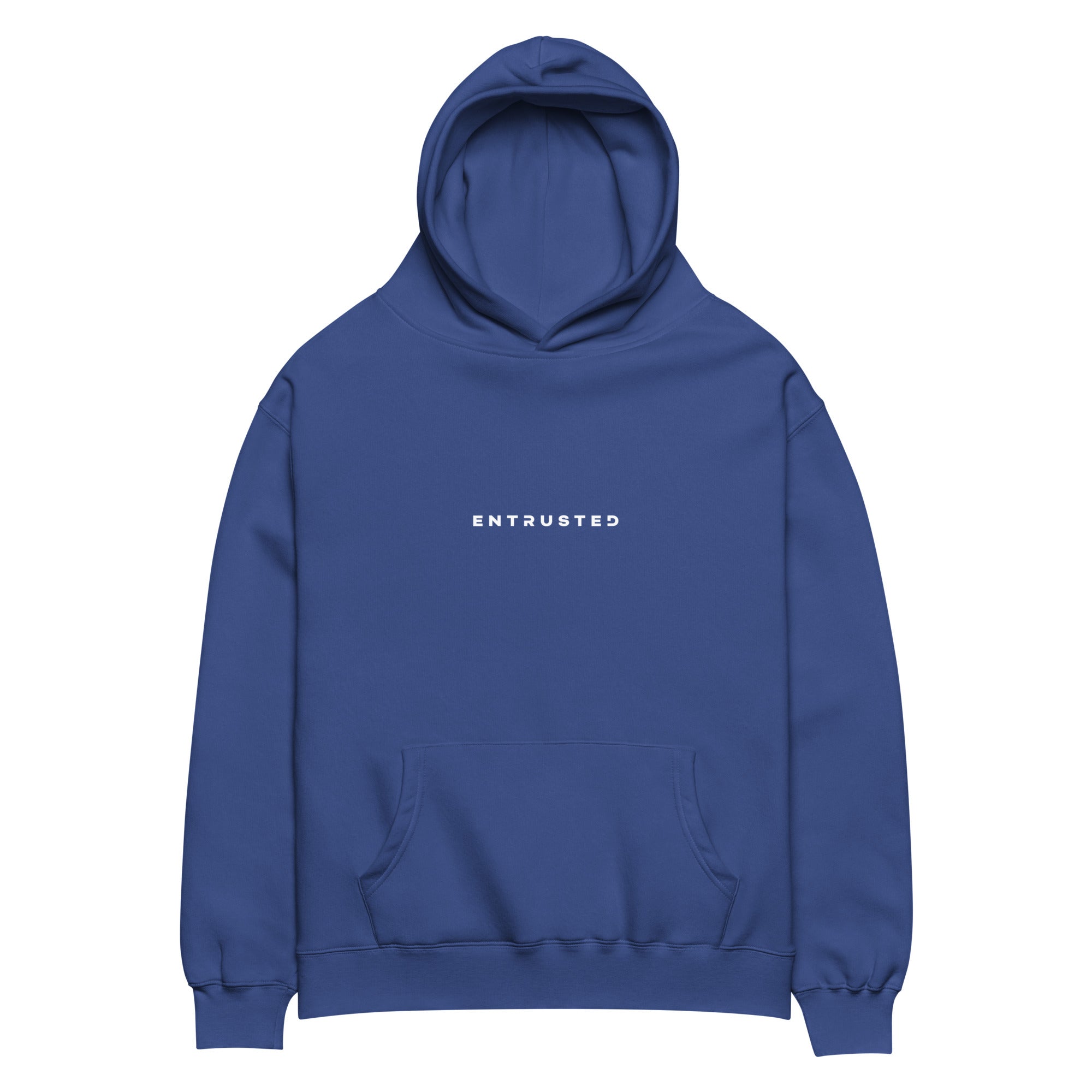 Image of Entrusted Oversized Jesus hoodie cobalt front view — organic Christian hoodie relaxed fit