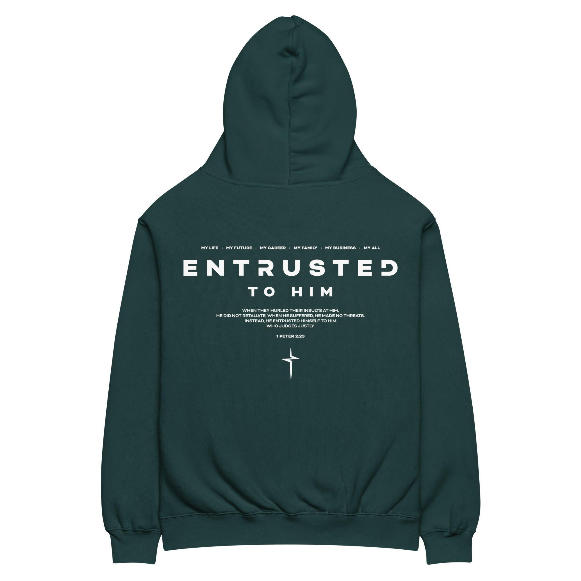 Image of Entrusted Oversized Christian hoodie pine green back — God hoodie faith-based apparel