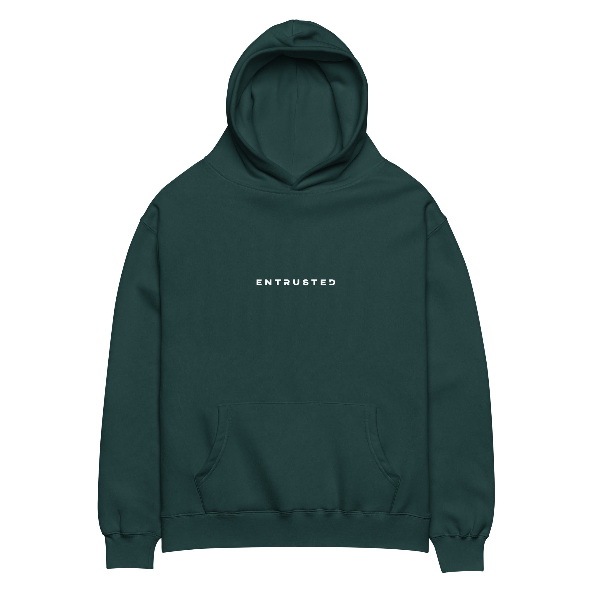 Image of Pine green oversized Christian hoodie front — Entrusted to Him faith streetwear hoodie